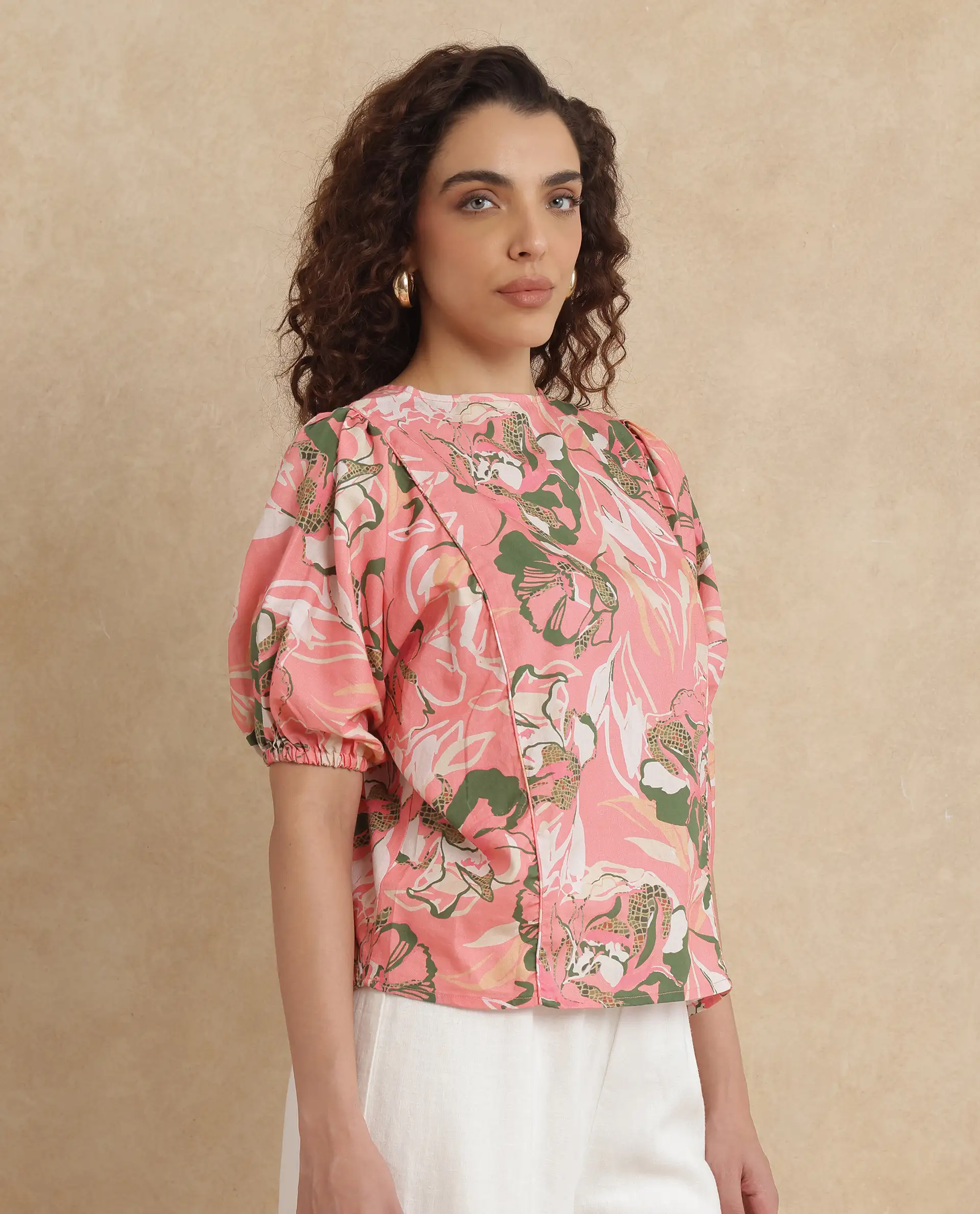 Rareism Women's Hirtemis Pink Cotton Blend Crew Neck Floral Print Balloon Sleeve Regular Fit Top - Image 4