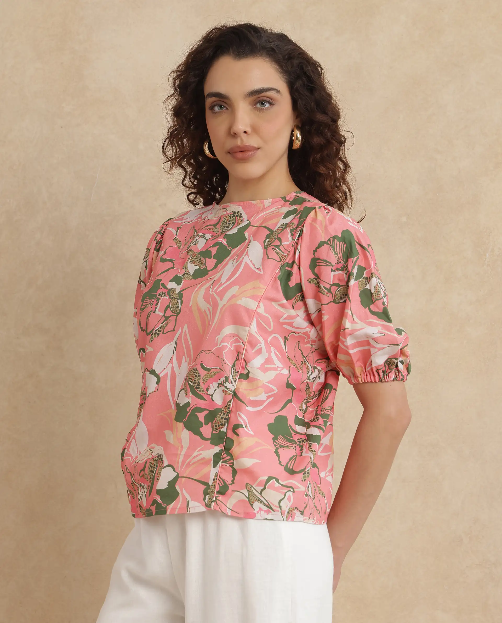 Rareism Women's Hirtemis Pink Cotton Blend Crew Neck Floral Print Balloon Sleeve Regular Fit Top - Image 5
