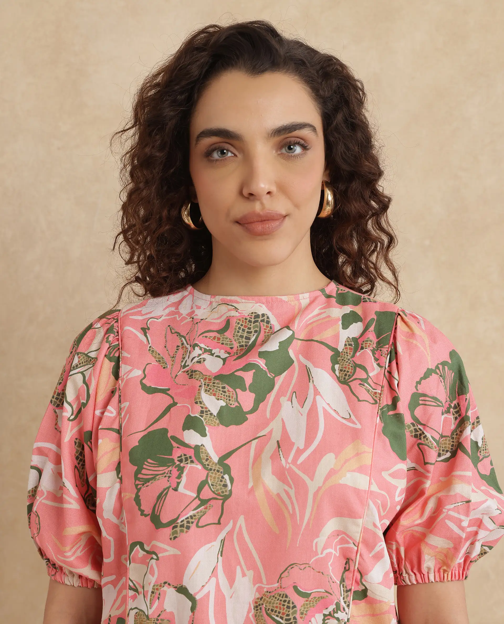 Rareism Women's Hirtemis Pink Cotton Blend Crew Neck Floral Print Balloon Sleeve Regular Fit Top - Image 6