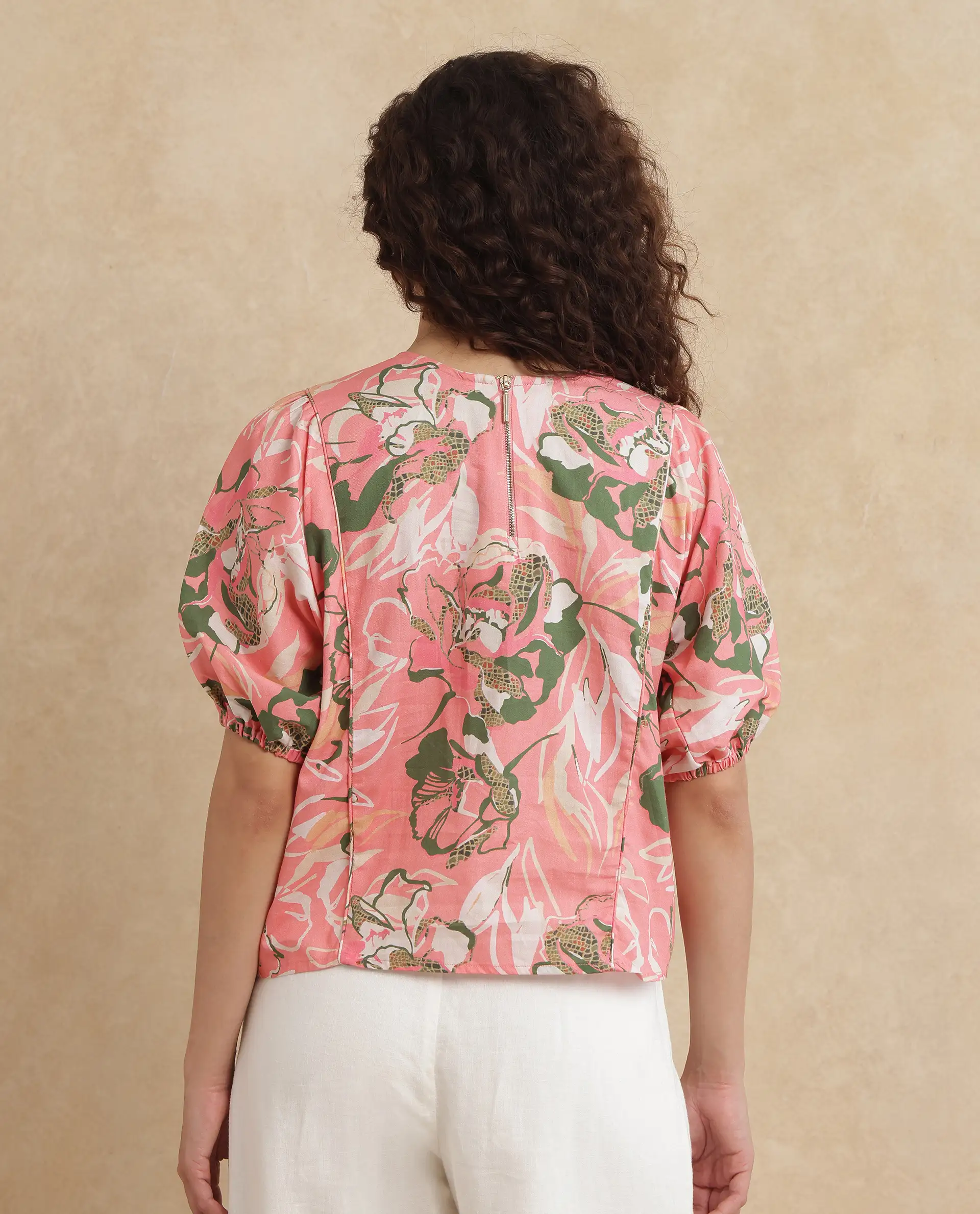 Rareism Women's Hirtemis Pink Cotton Blend Crew Neck Floral Print Balloon Sleeve Regular Fit Top - Image 8