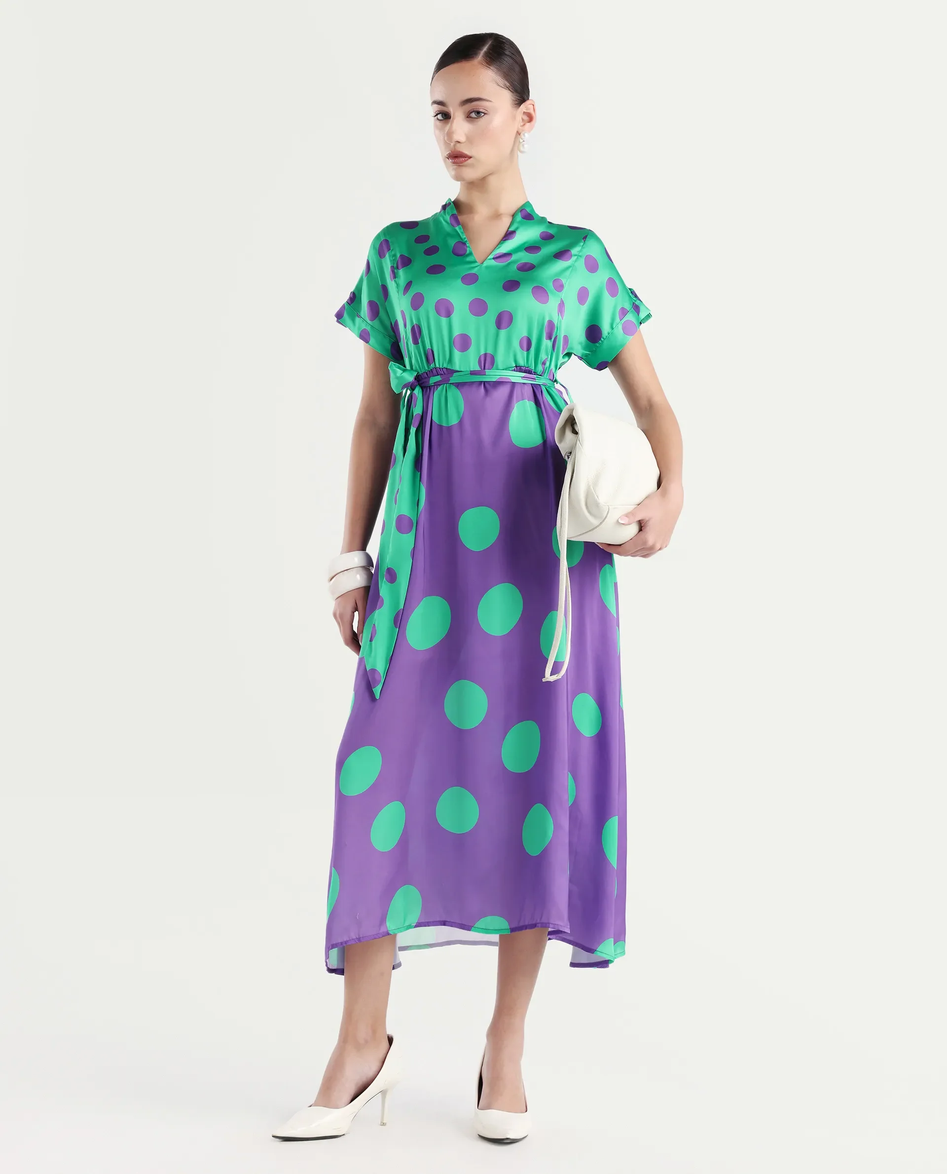 Rareism Women's Hirten Purple Polyester V-Neck Polka Print Extended Sleeves Maxi Regular Fit Dress - Image 2