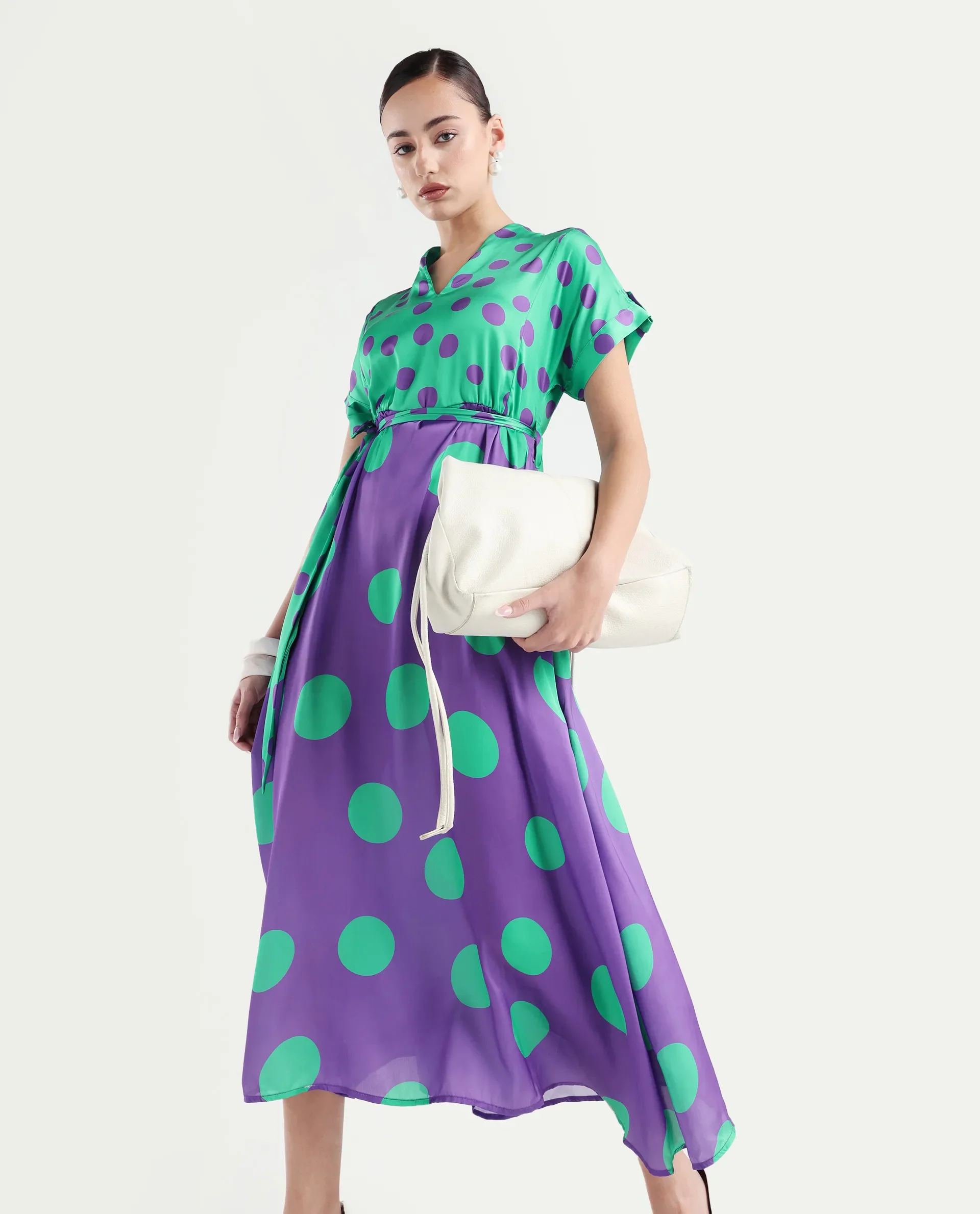 Rareism Women's Hirten Purple Polyester V-Neck Polka Print Extended Sleeves Maxi Regular Fit Dress - Image 3