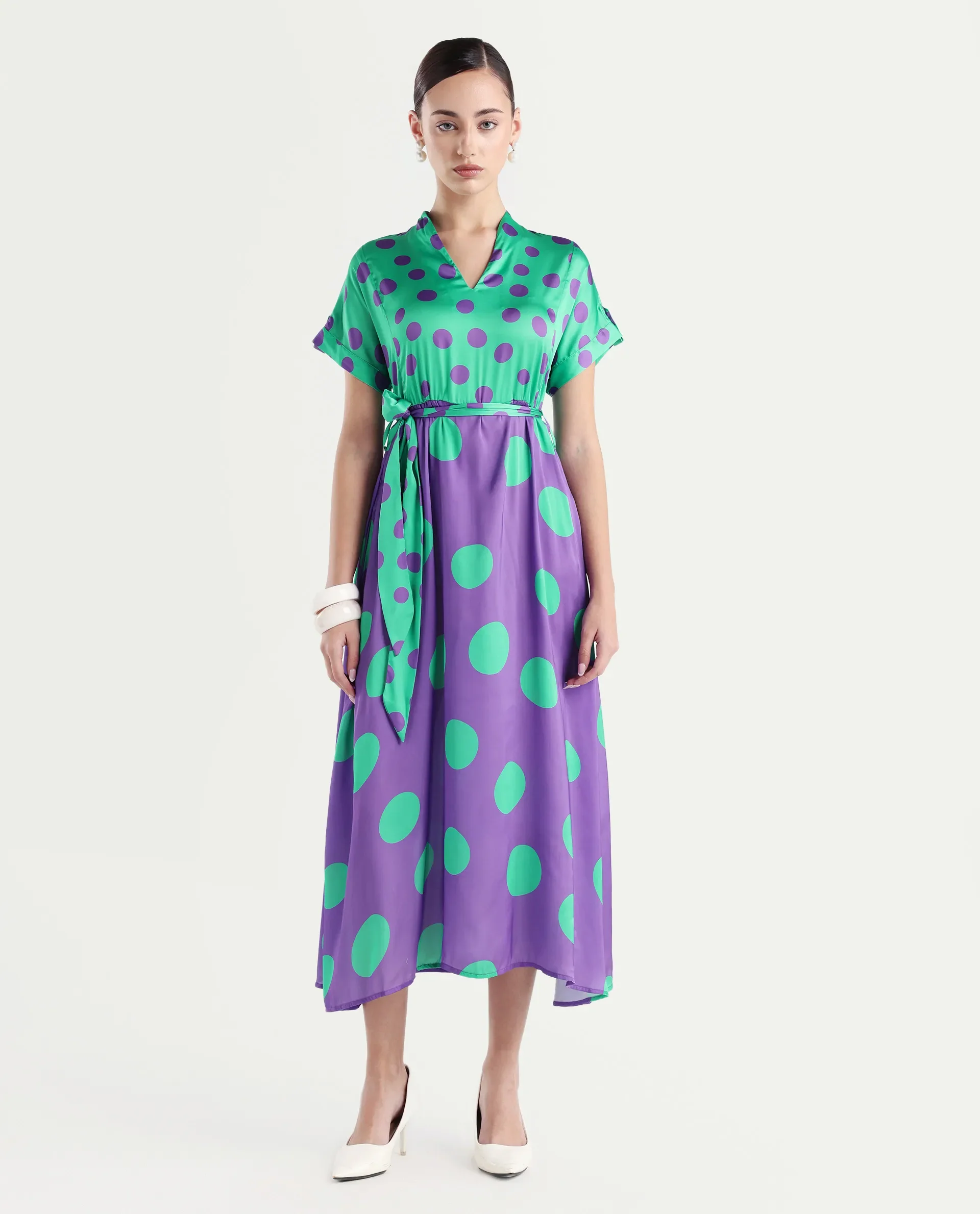 Rareism Women's Hirten Purple Polyester V-Neck Polka Print Extended Sleeves Maxi Regular Fit Dress - Image 4