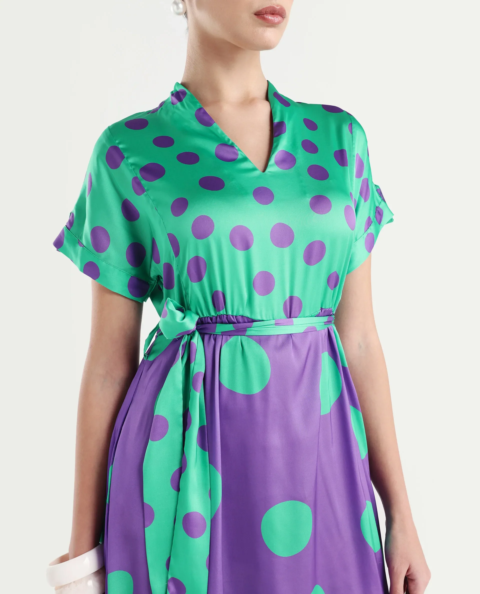Rareism Women's Hirten Purple Polyester V-Neck Polka Print Extended Sleeves Maxi Regular Fit Dress - Image 5