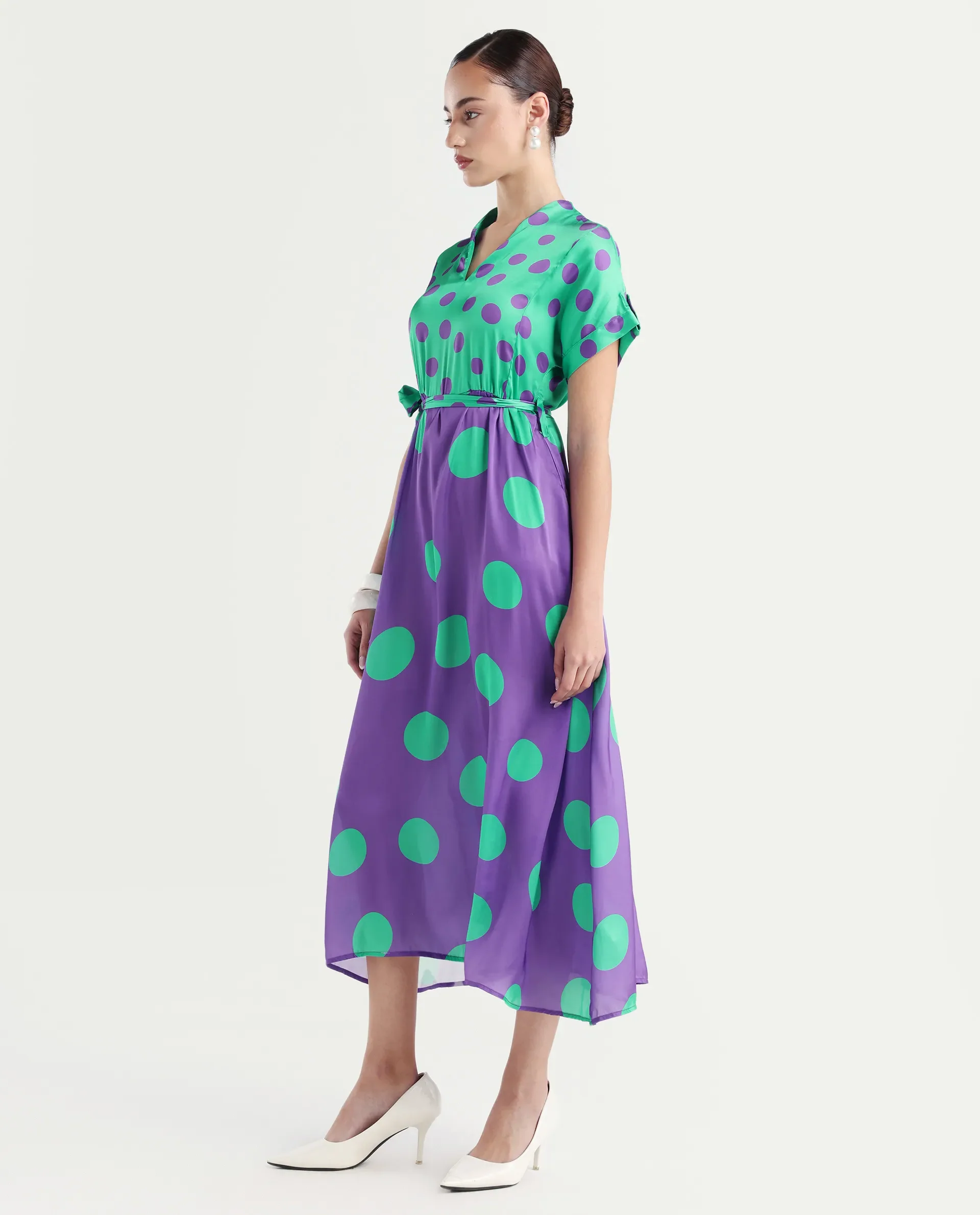 Rareism Women's Hirten Purple Polyester V-Neck Polka Print Extended Sleeves Maxi Regular Fit Dress - Image 6