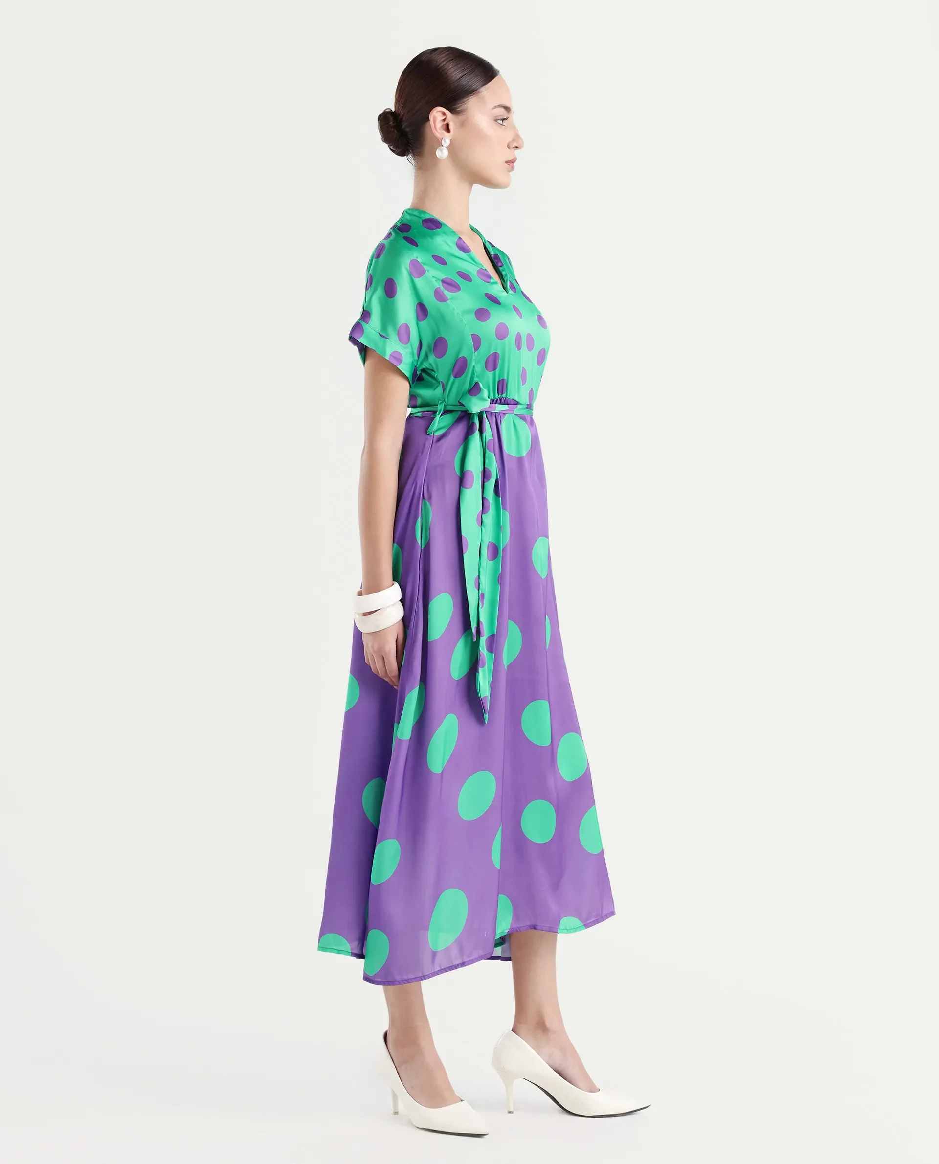 Rareism Women's Hirten Purple Polyester V-Neck Polka Print Extended Sleeves Maxi Regular Fit Dress - Image 7
