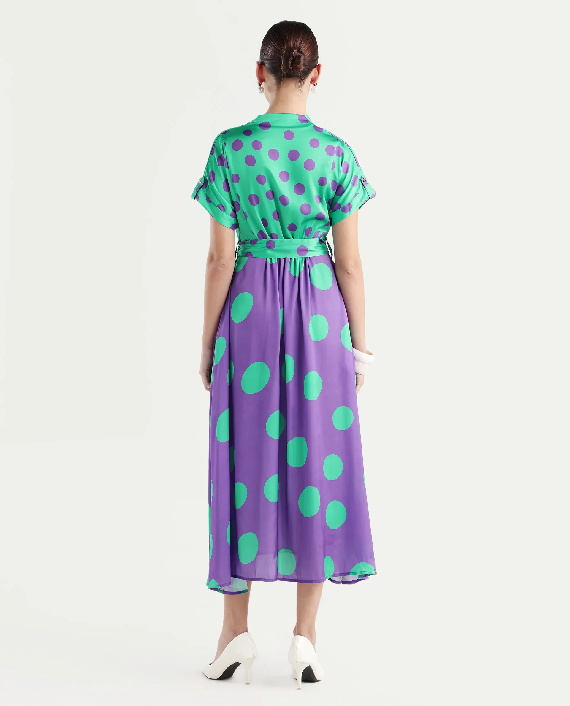 Rareism Women's Hirten Purple Polyester V-Neck Polka Print Extended Sleeves Maxi Regular Fit Dress - Image 8