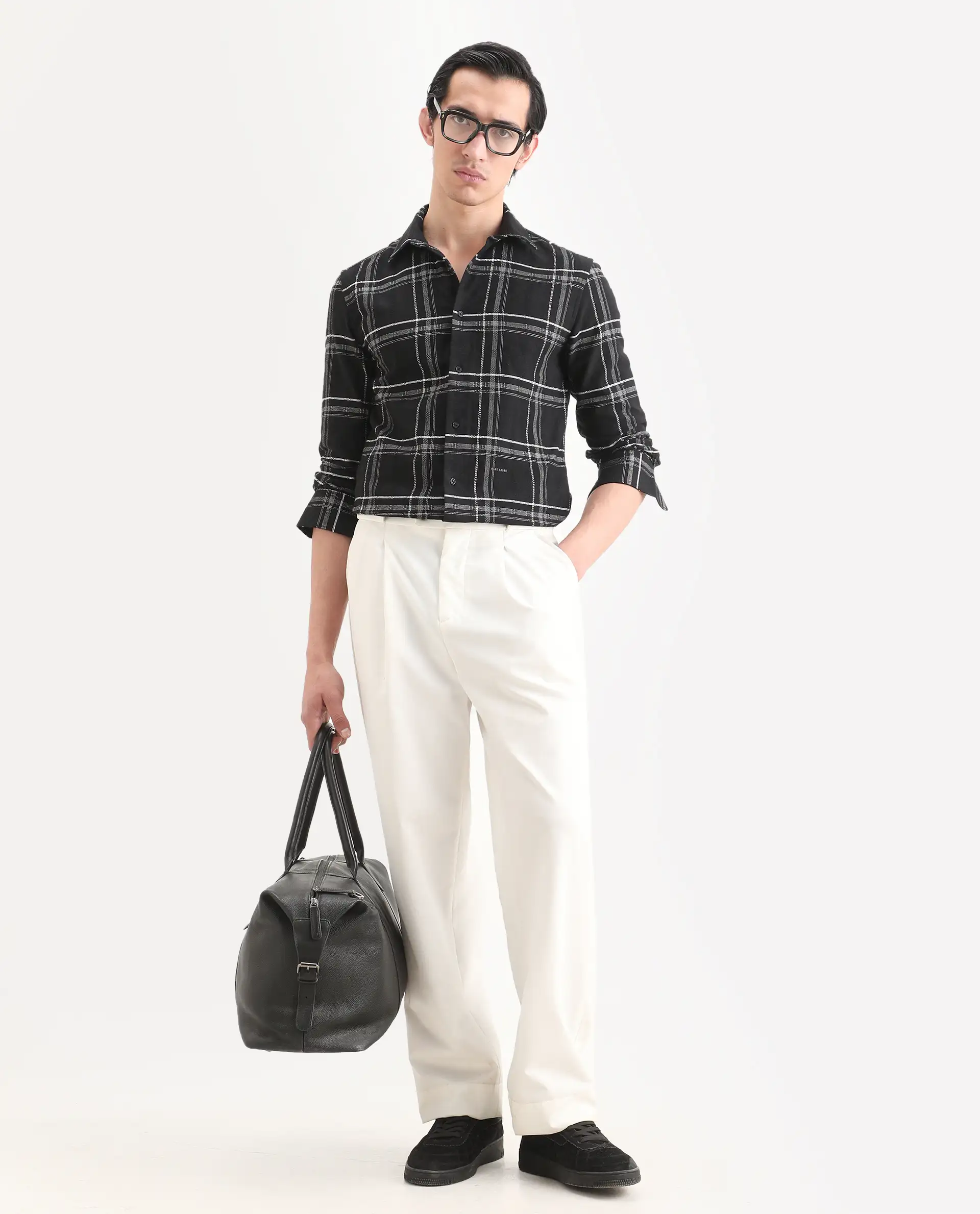 Rare Rabbit Men's Hitra Black Cotton Blend Fabric Full Sleeve Spread Collar Regular Fit Checks Shirt - Image 2