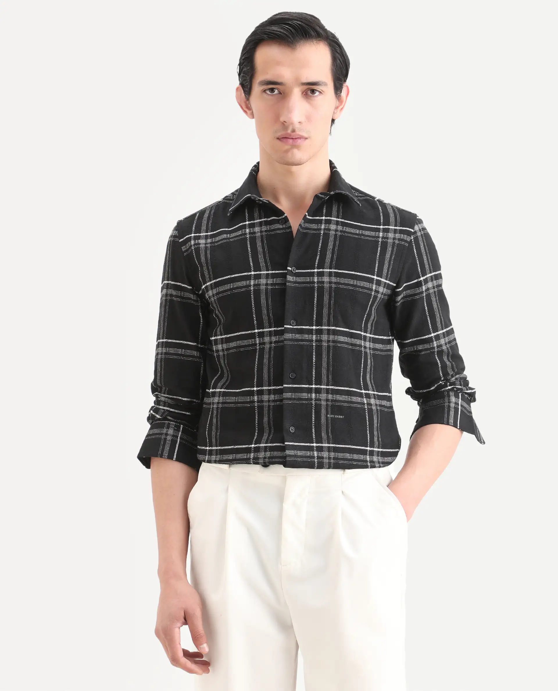 Rare Rabbit Men's Hitra Black Cotton Blend Fabric Full Sleeve Spread Collar Regular Fit Checks Shirt - Image 3