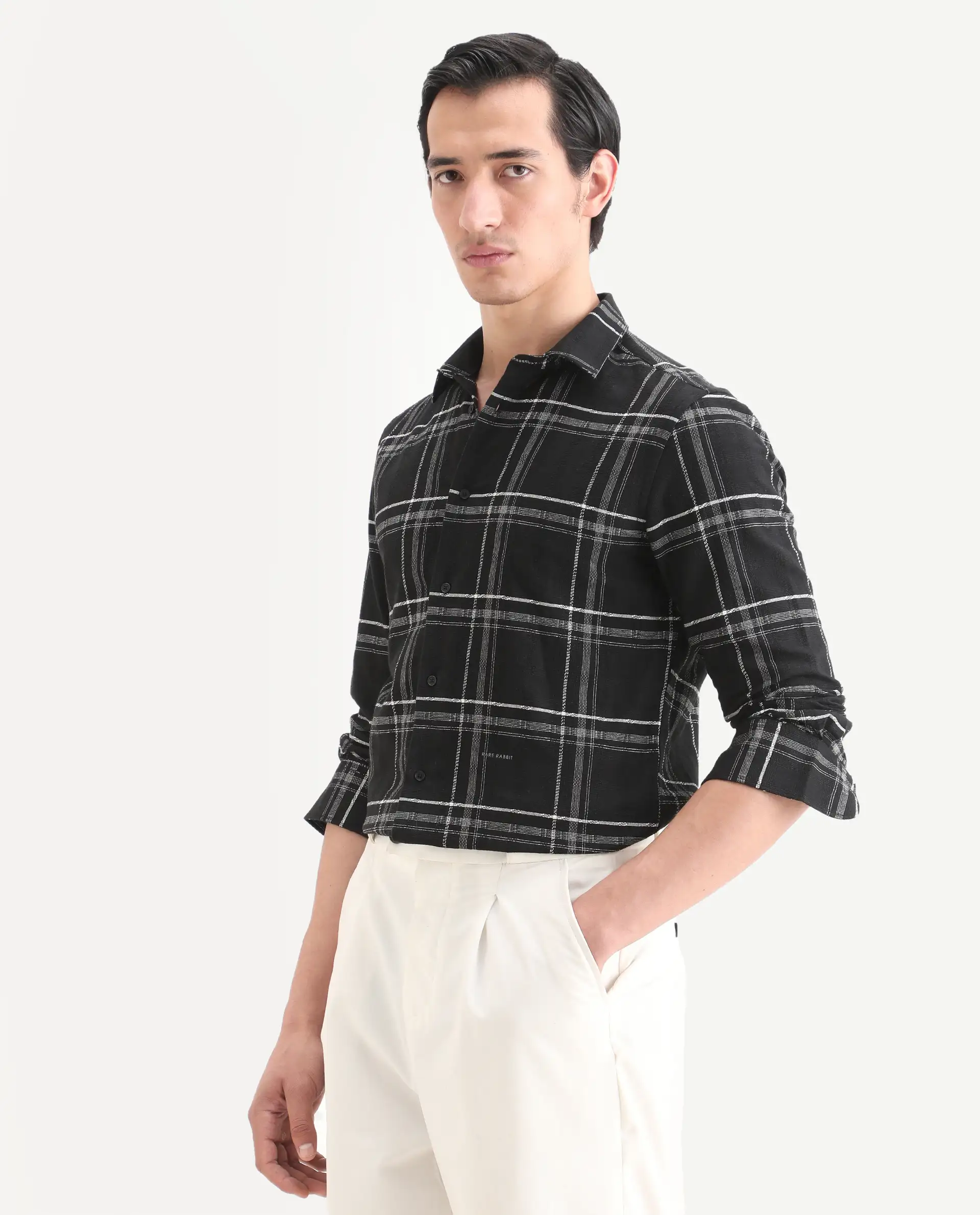 Rare Rabbit Men's Hitra Black Cotton Blend Fabric Full Sleeve Spread Collar Regular Fit Checks Shirt - Image 5
