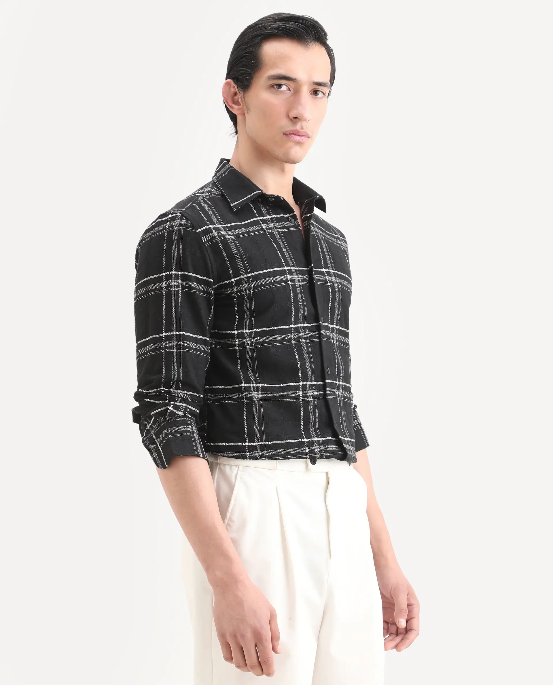 Rare Rabbit Men's Hitra Black Cotton Blend Fabric Full Sleeve Spread Collar Regular Fit Checks Shirt - Image 6