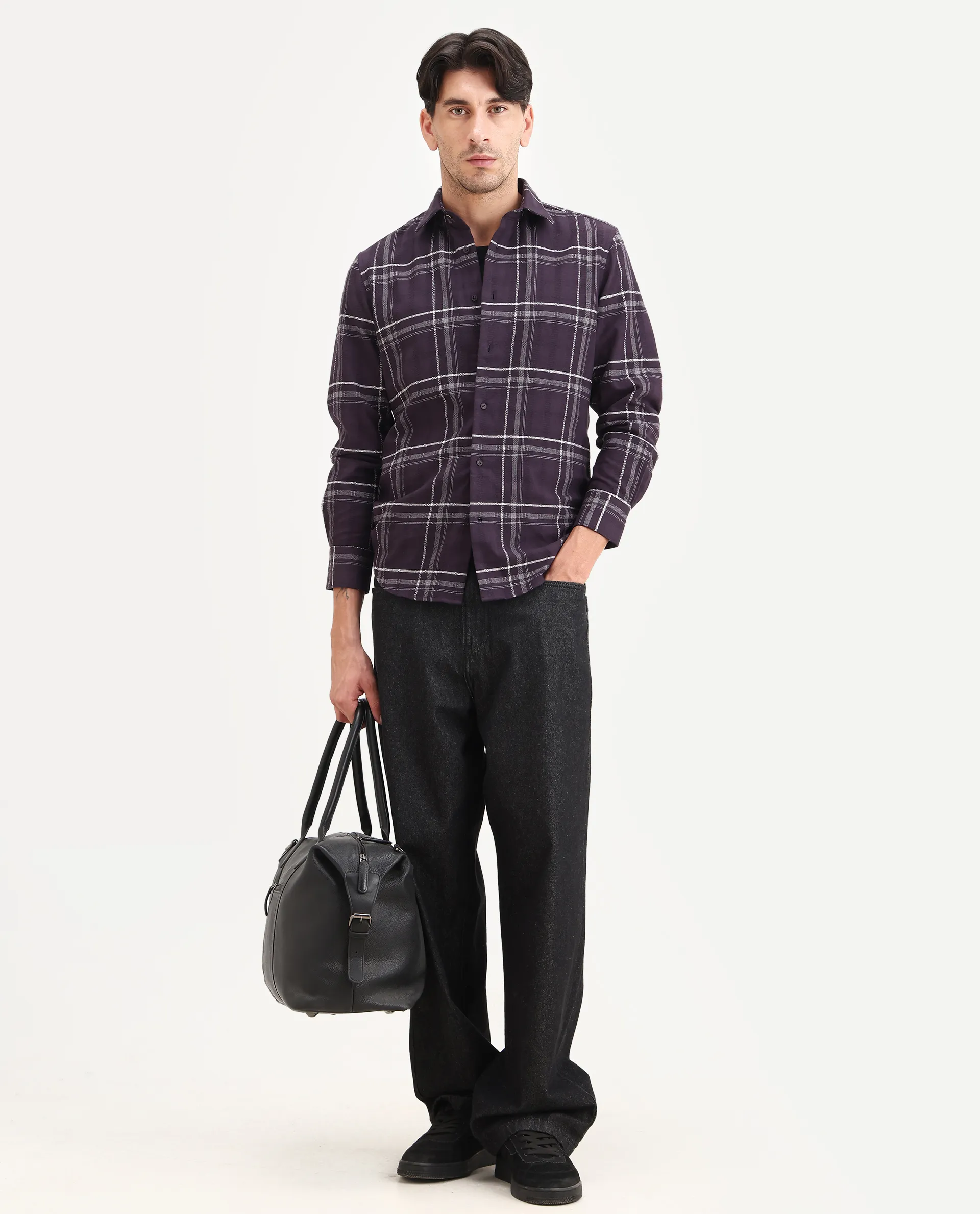 Rare Rabbit Men's Hitra Purple Cotton Blend Fabric Full Sleeve Spread Collar Regular Fit Checks Shirt - Image 2