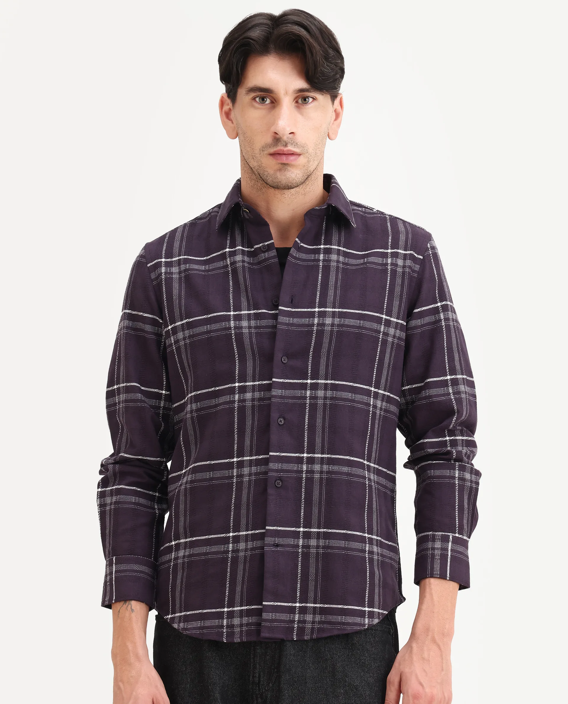 Rare Rabbit Men's Hitra Purple Cotton Blend Fabric Full Sleeve Spread Collar Regular Fit Checks Shirt - Image 4