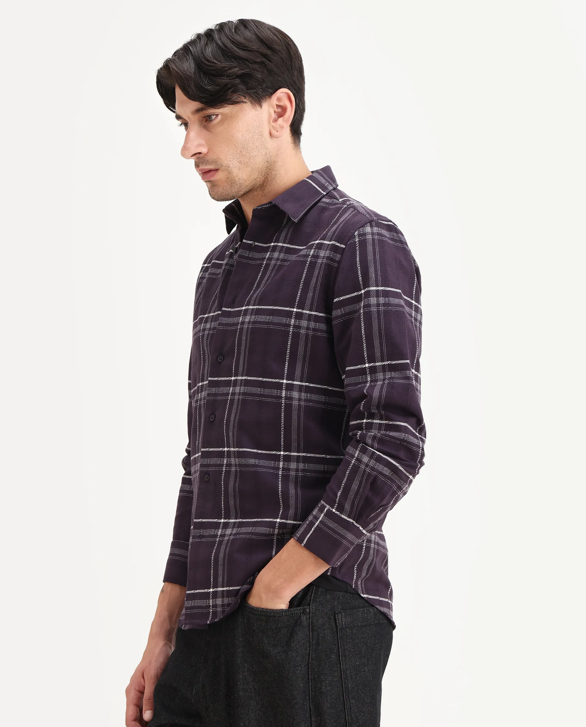 Rare Rabbit Men's Hitra Purple Cotton Blend Fabric Full Sleeve Spread Collar Regular Fit Checks Shirt - Image 5