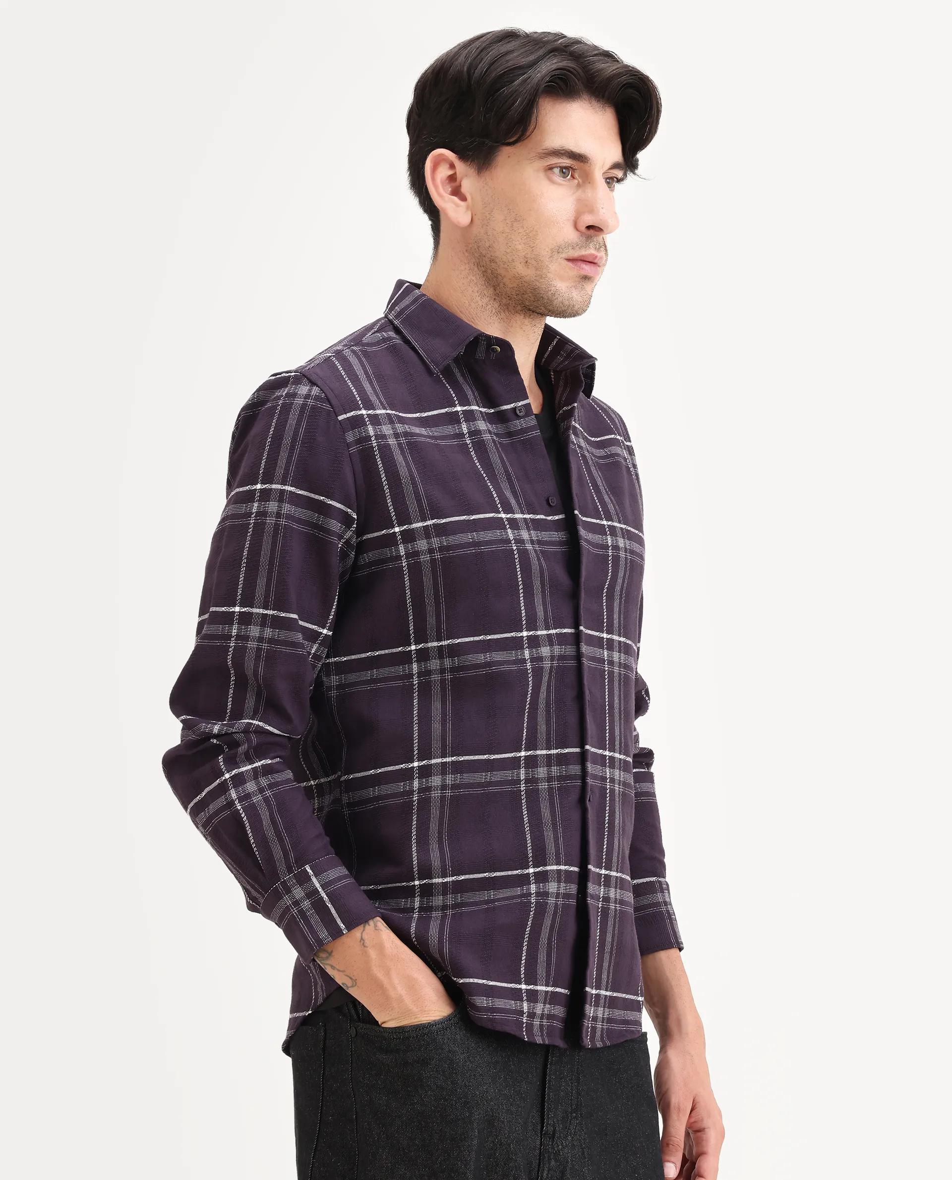 Rare Rabbit Men's Hitra Purple Cotton Blend Fabric Full Sleeve Spread Collar Regular Fit Checks Shirt - Image 6
