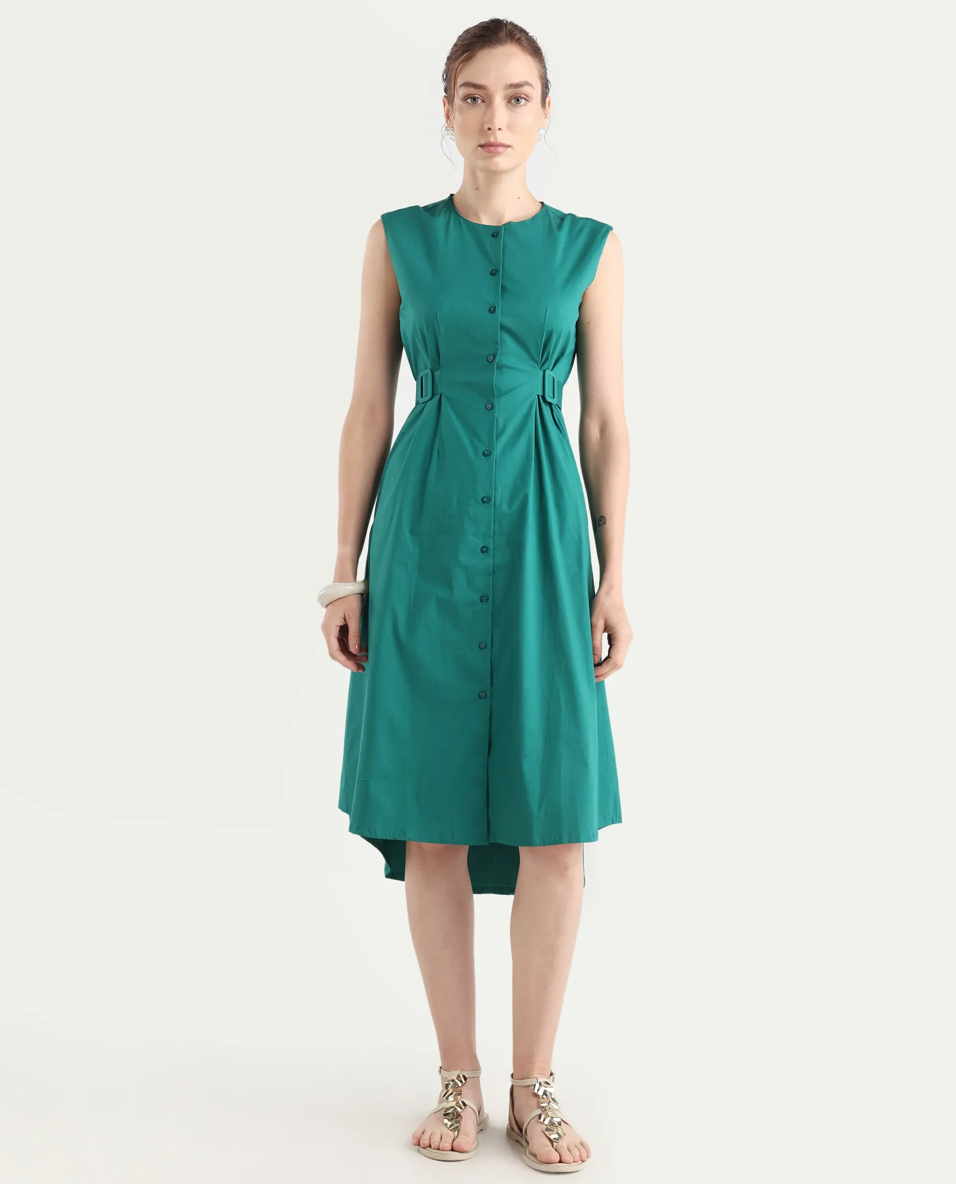 Rareism Women's Hiyfc Green Cotton Blend Crew Neck Plain Sleeveless Knee Length A-Line Dress - Image 2