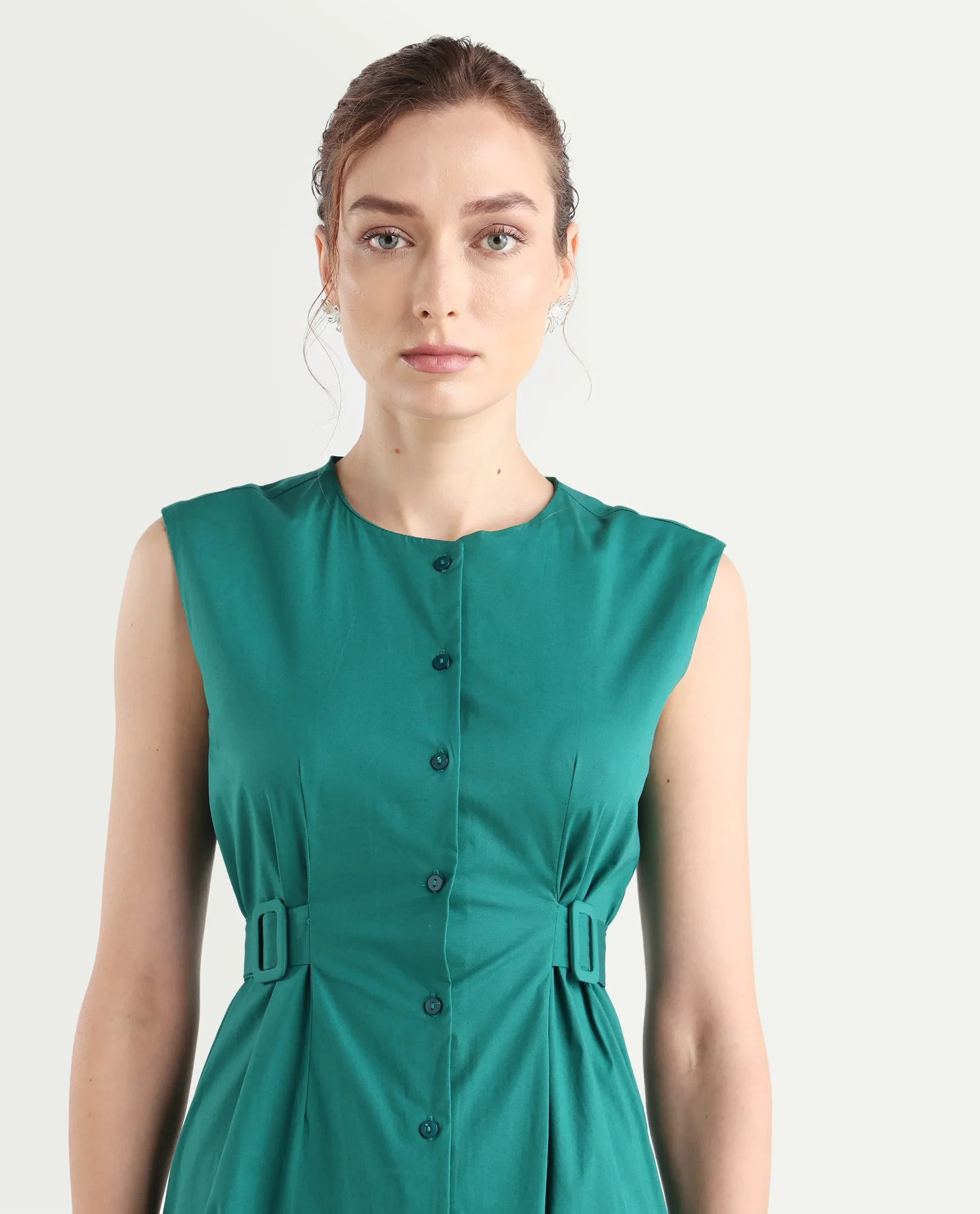 Rareism Women's Hiyfc Green Cotton Blend Crew Neck Plain Sleeveless Knee Length A-Line Dress - Image 3