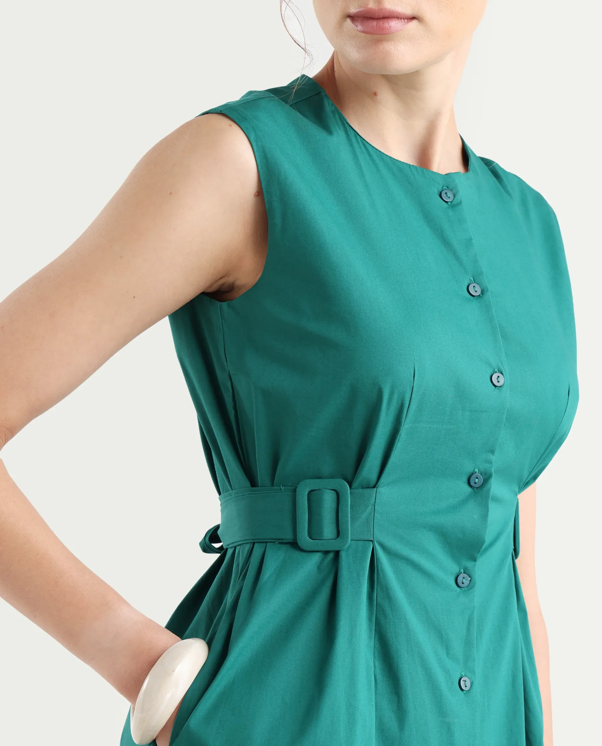 Rareism Women's Hiyfc Green Cotton Blend Crew Neck Plain Sleeveless Knee Length A-Line Dress - Image 4