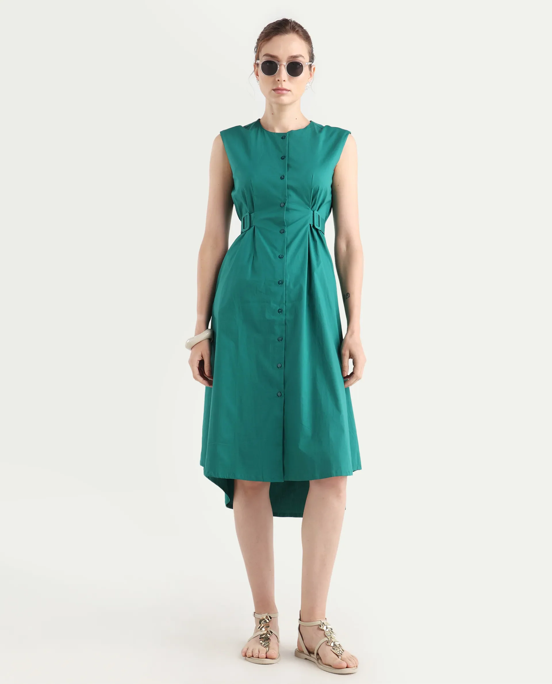 Rareism Women's Hiyfc Green Cotton Blend Crew Neck Plain Sleeveless Knee Length A-Line Dress - Image 5