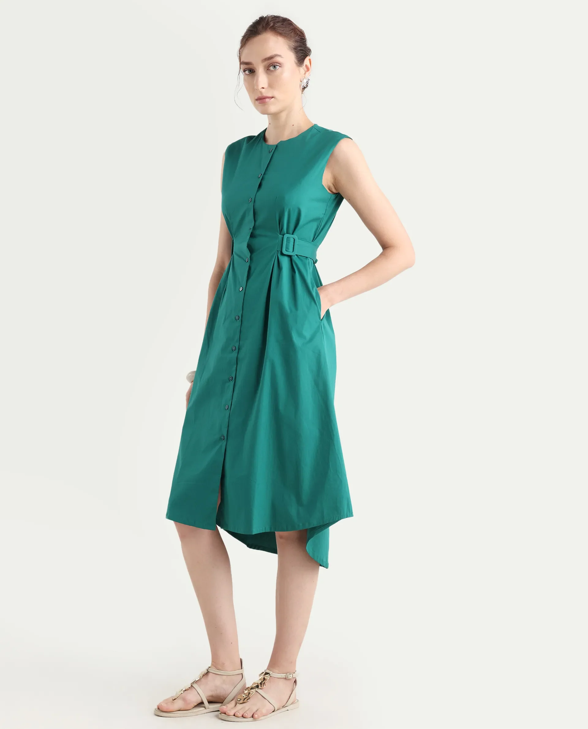 Rareism Women's Hiyfc Green Cotton Blend Crew Neck Plain Sleeveless Knee Length A-Line Dress - Image 6