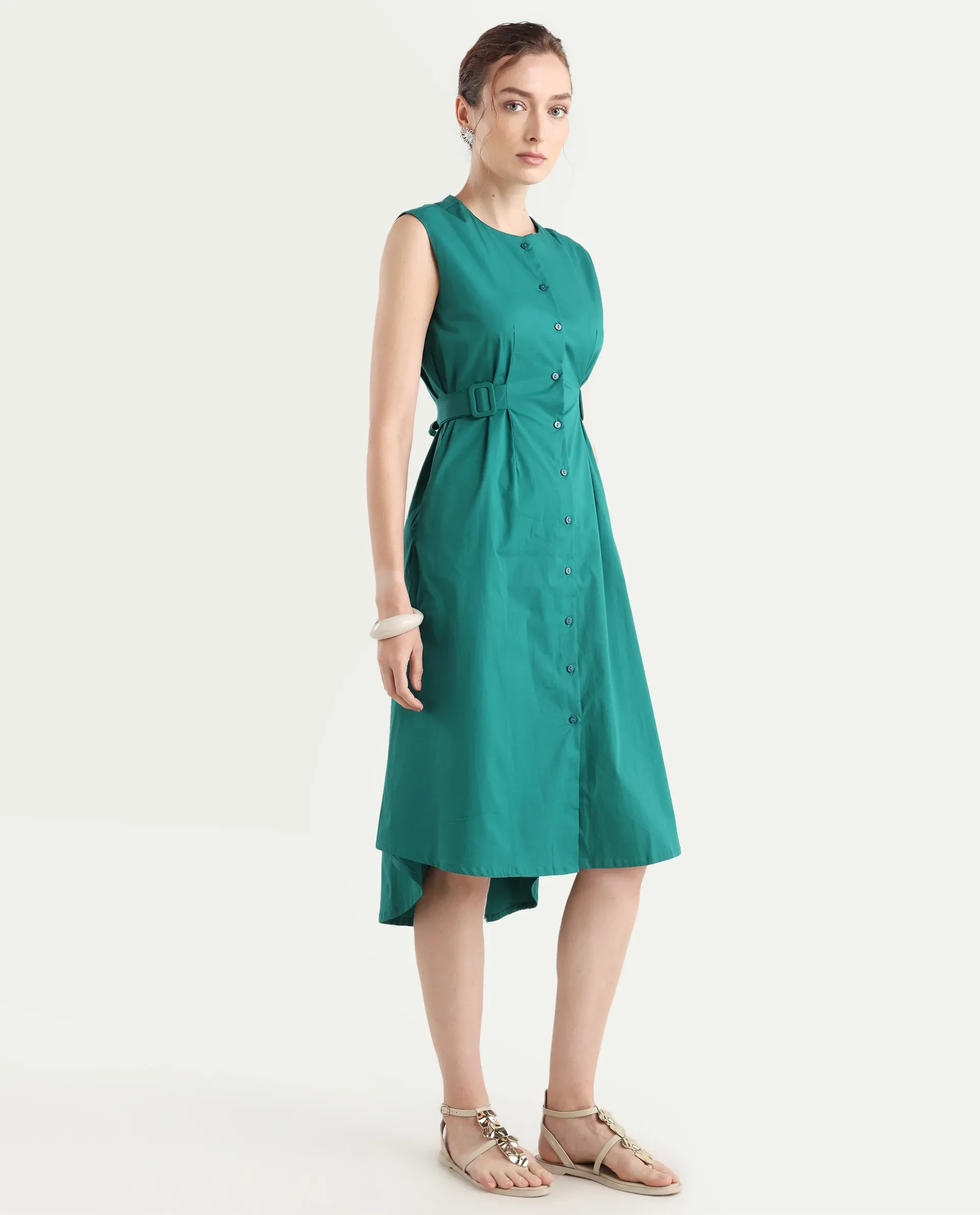 Rareism Women's Hiyfc Green Cotton Blend Crew Neck Plain Sleeveless Knee Length A-Line Dress - Image 7