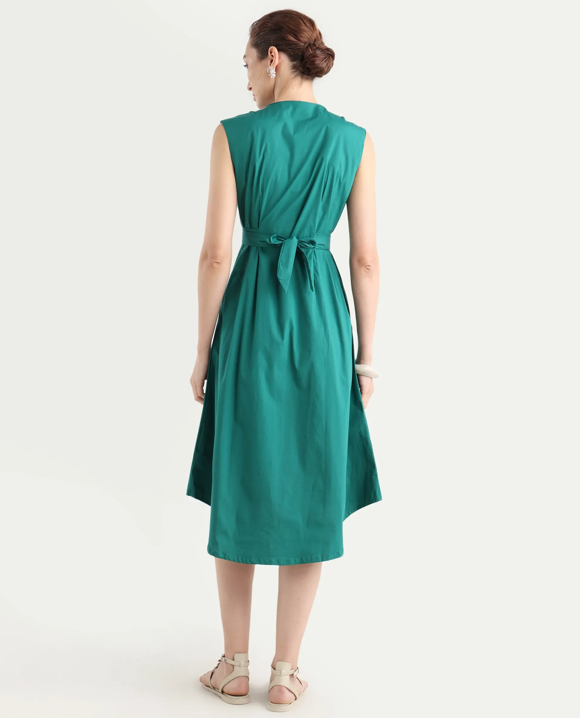 Rareism Women's Hiyfc Green Cotton Blend Crew Neck Plain Sleeveless Knee Length A-Line Dress - Image 8