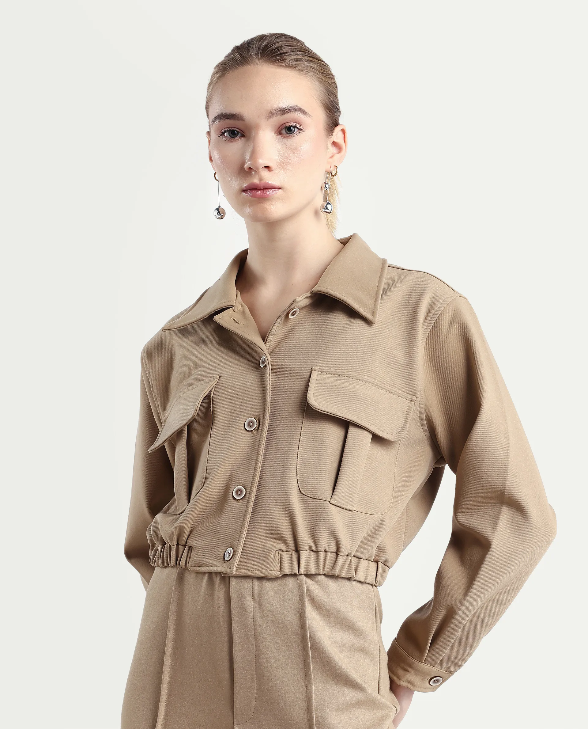 Rareism Women's Hobart Beige Spread Collar Plain Cuffed Sleeve Crop Regular Fit Jacket - Image 3