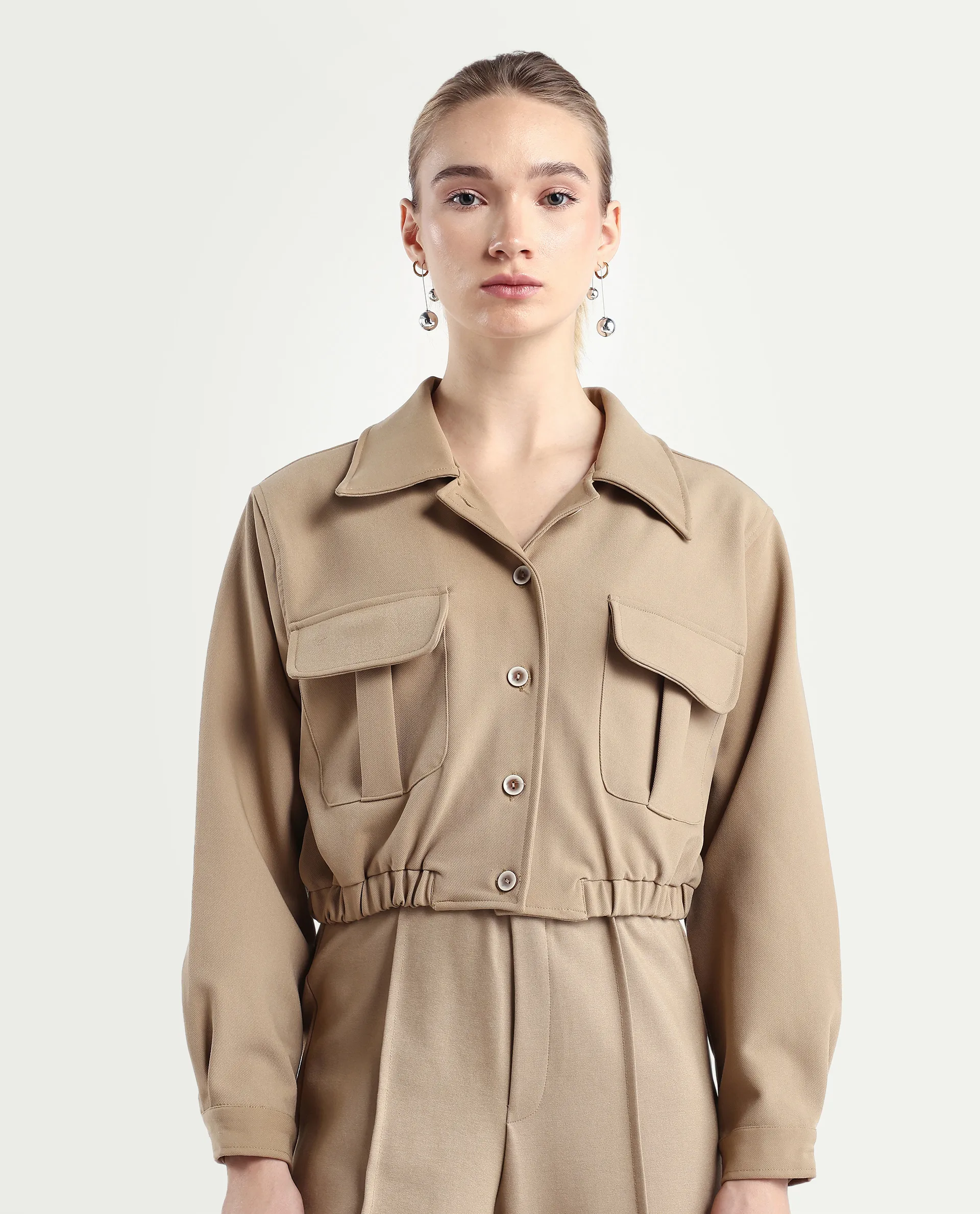 Rareism Women's Hobart Beige Spread Collar Plain Cuffed Sleeve Crop Regular Fit Jacket - Image 4
