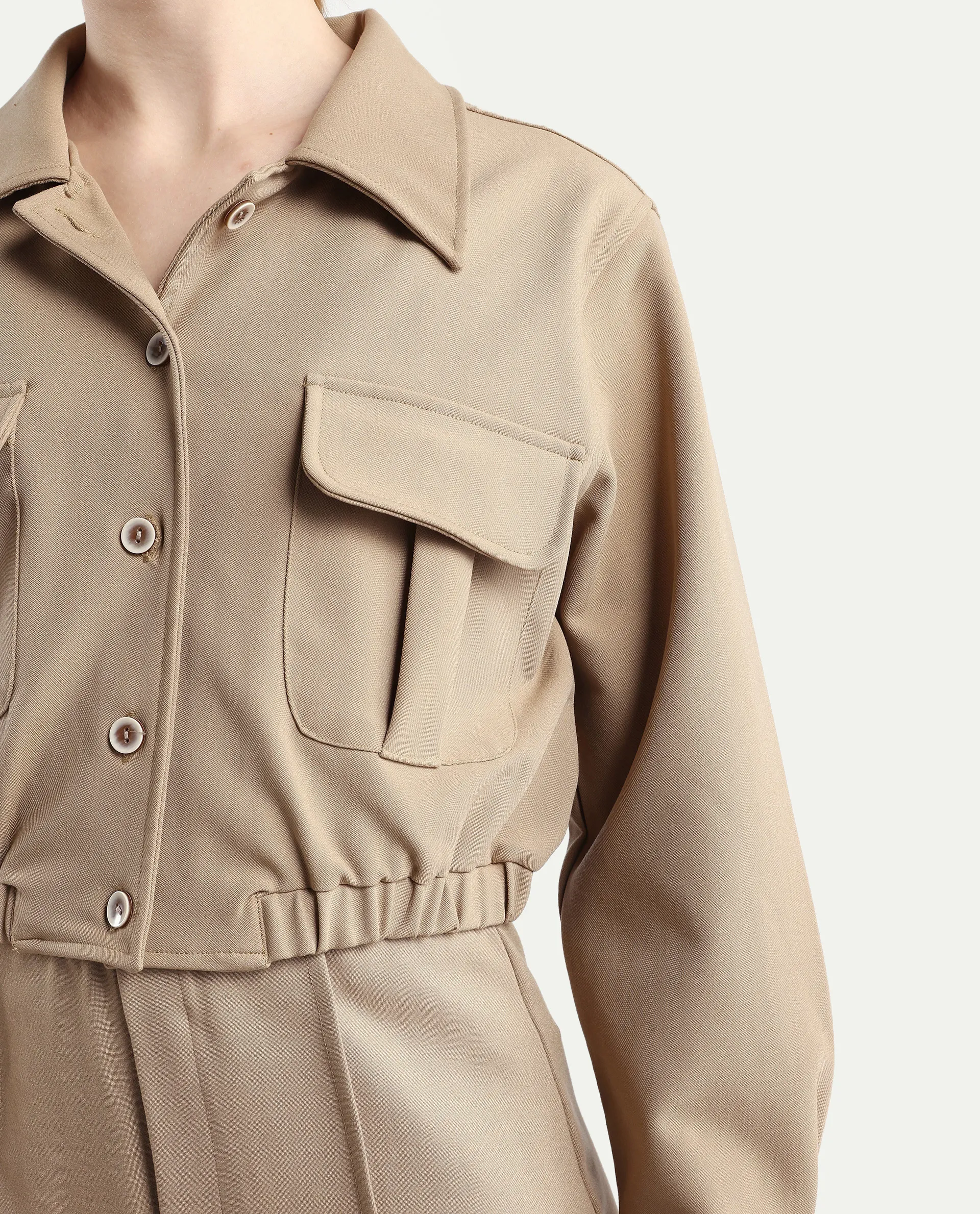 Rareism Women's Hobart Beige Spread Collar Plain Cuffed Sleeve Crop Regular Fit Jacket - Image 5
