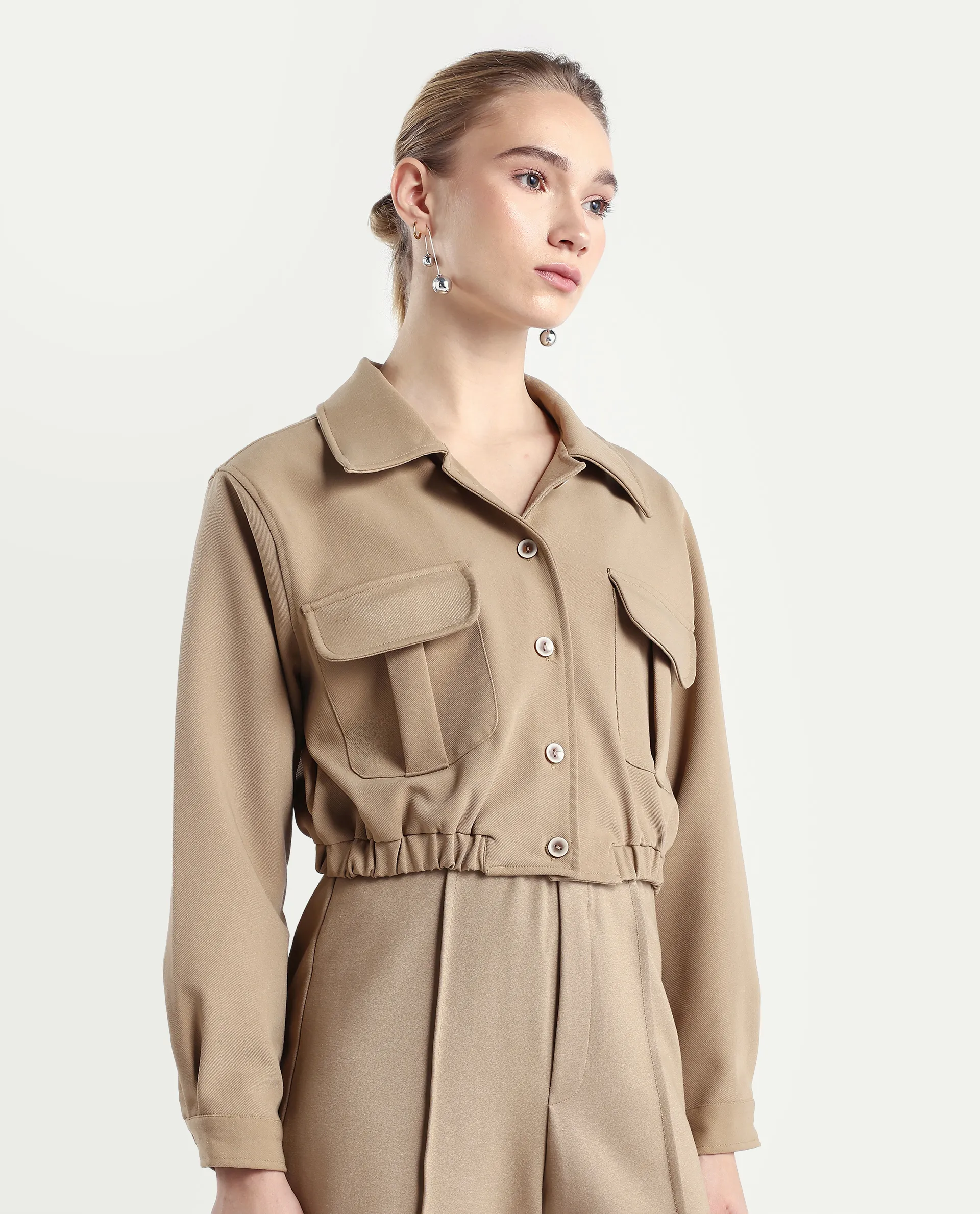 Rareism Women's Hobart Beige Spread Collar Plain Cuffed Sleeve Crop Regular Fit Jacket - Image 6