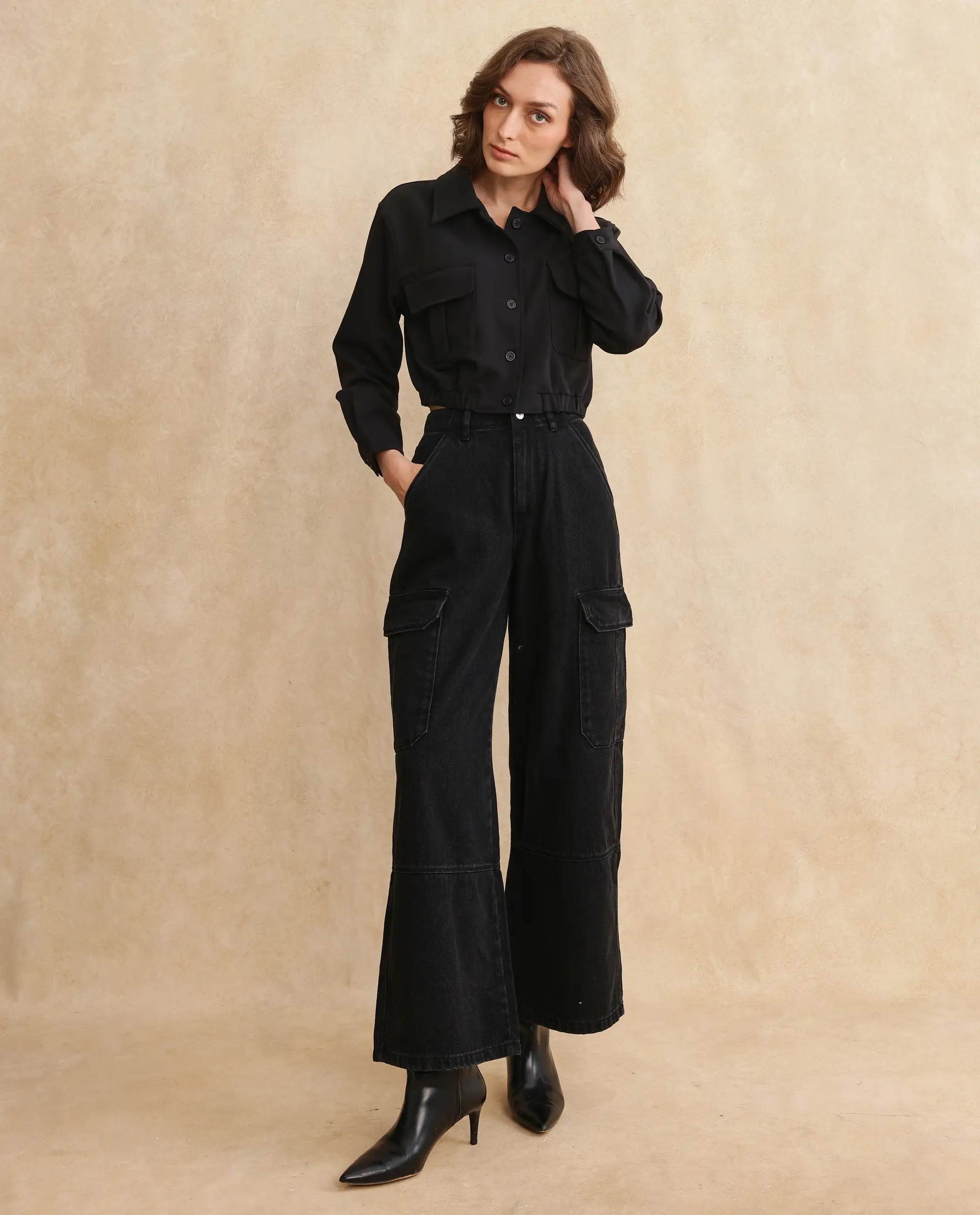 Rareism Women's Hobart Black Drop Collar Plain Cuffed Sleeve Crop Regular Fit Jacket - Image 10