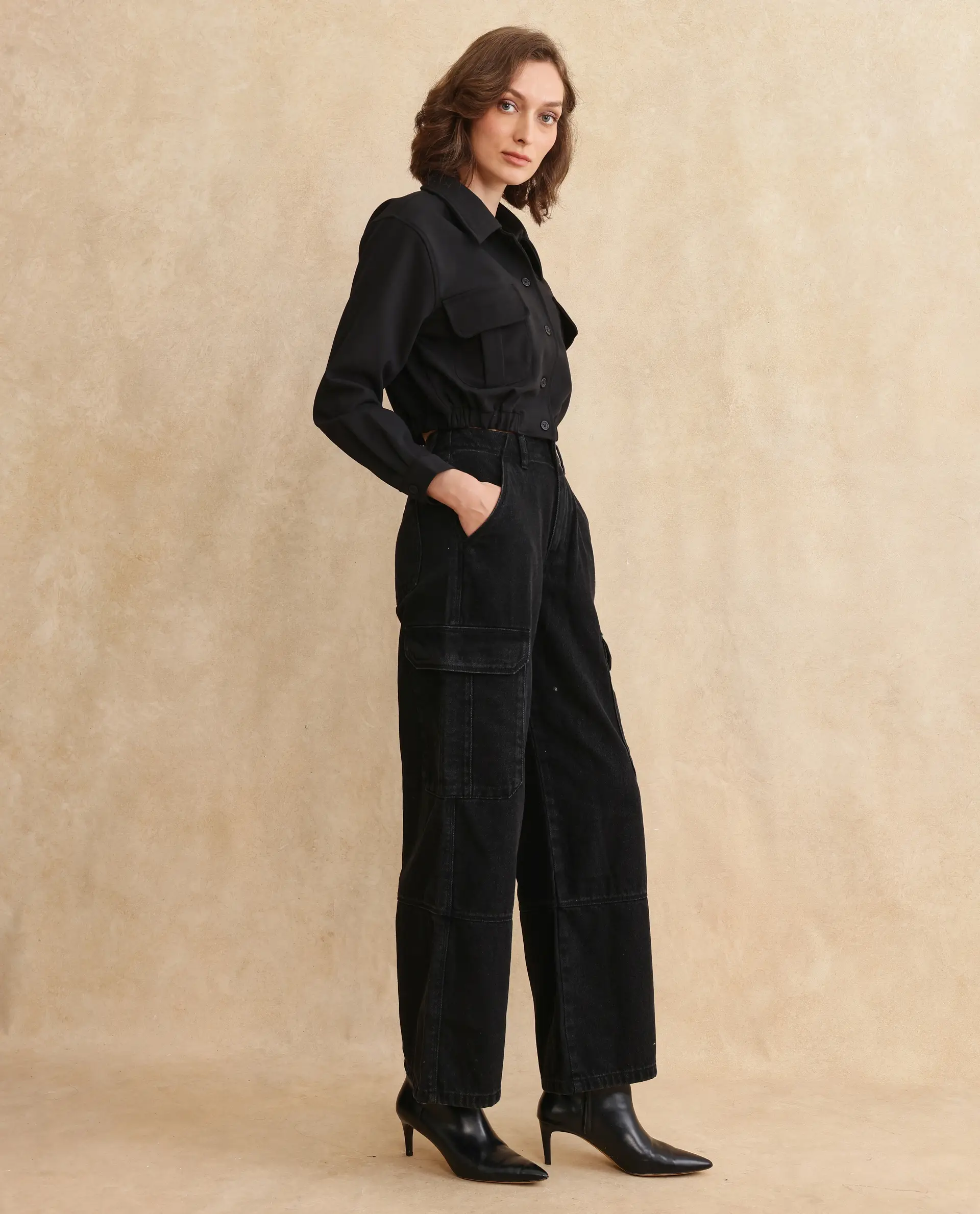 Rareism Women's Hobart Black Drop Collar Plain Cuffed Sleeve Crop Regular Fit Jacket - Image 11
