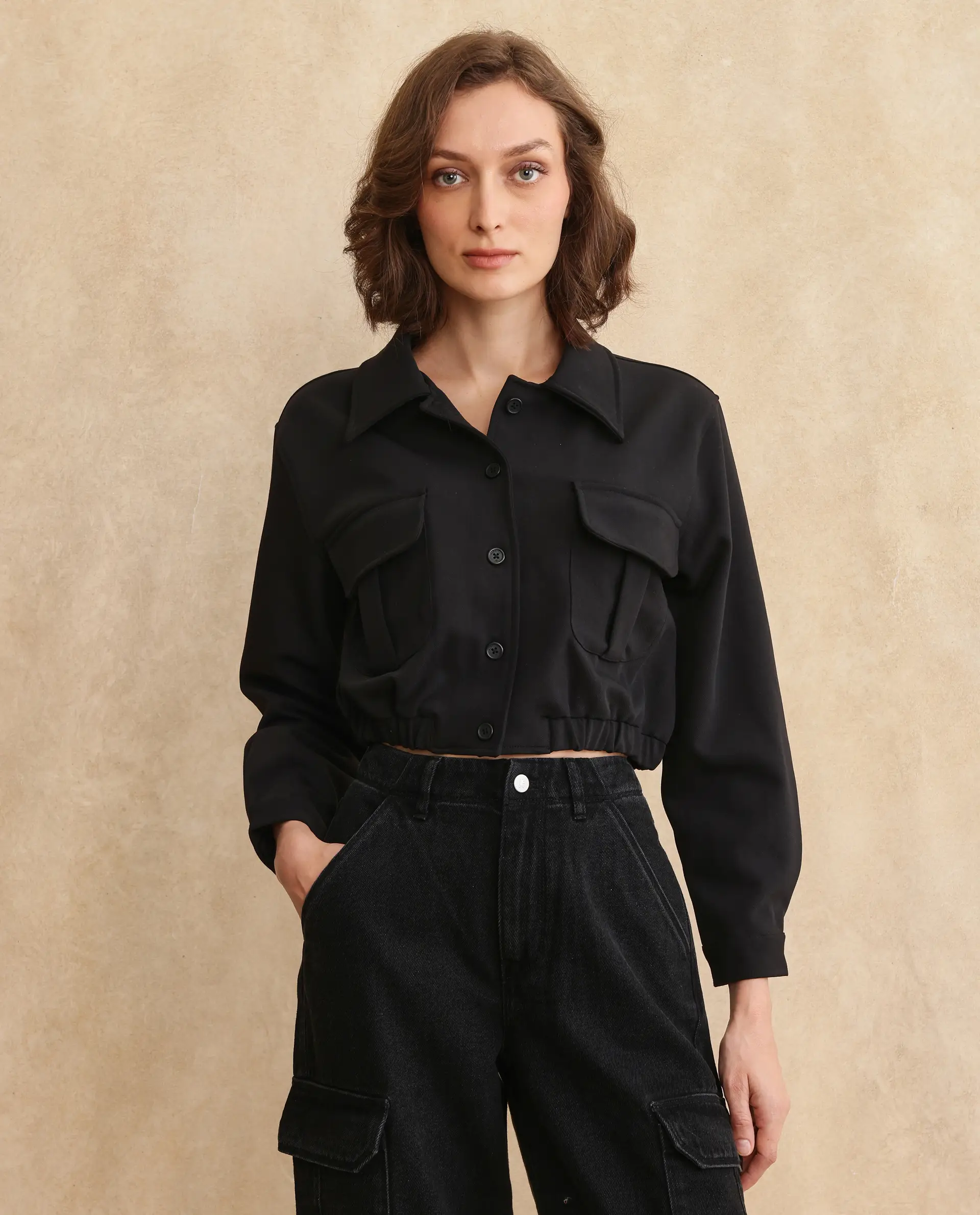 Rareism Women's Hobart Black Drop Collar Plain Cuffed Sleeve Crop Regular Fit Jacket - Image 2