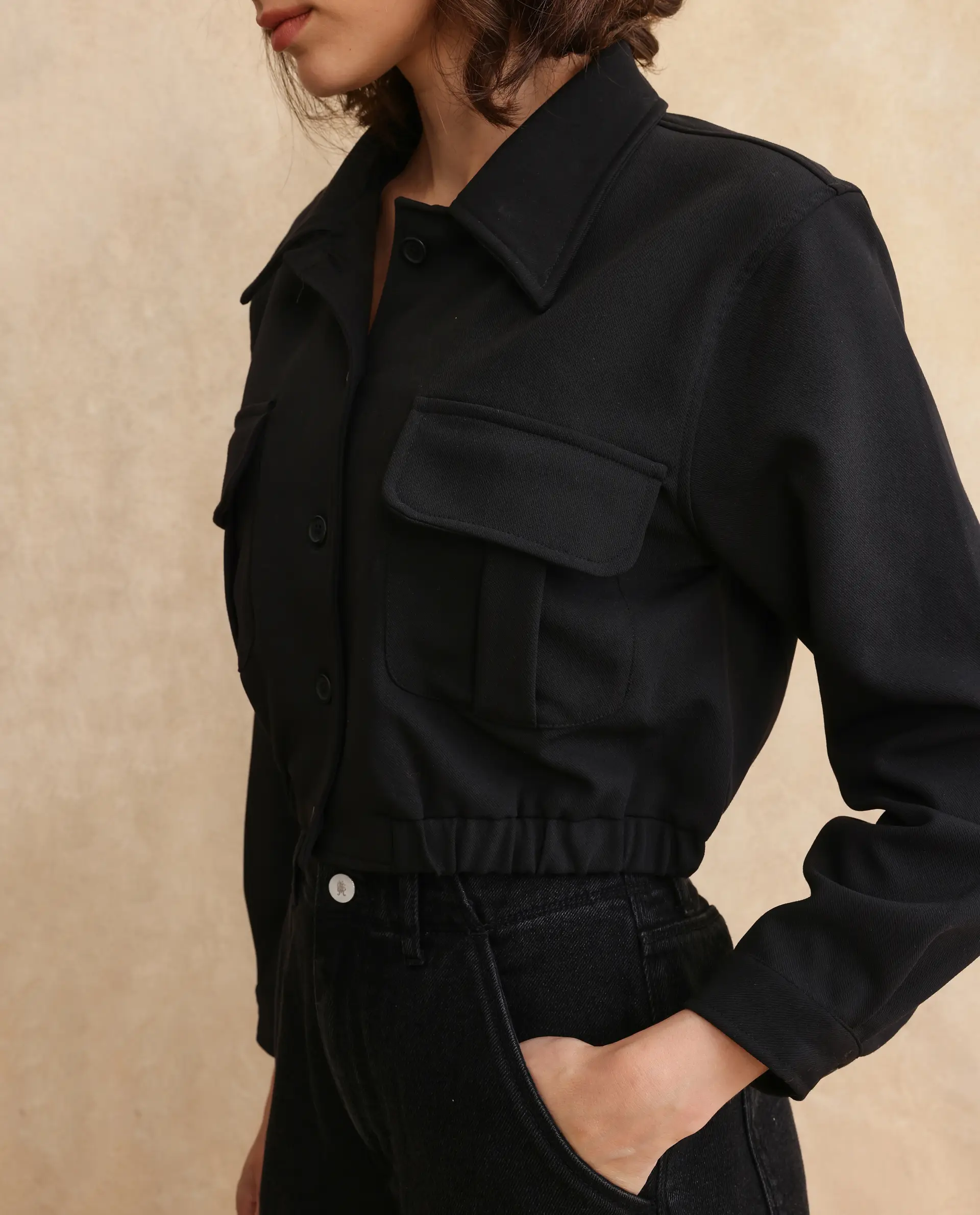 Rareism Women's Hobart Black Drop Collar Plain Cuffed Sleeve Crop Regular Fit Jacket - Image 3