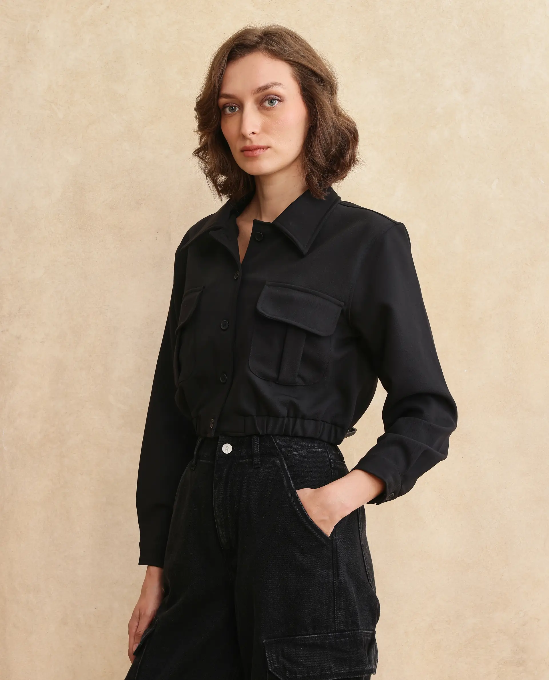 Rareism Women's Hobart Black Drop Collar Plain Cuffed Sleeve Crop Regular Fit Jacket - Image 5