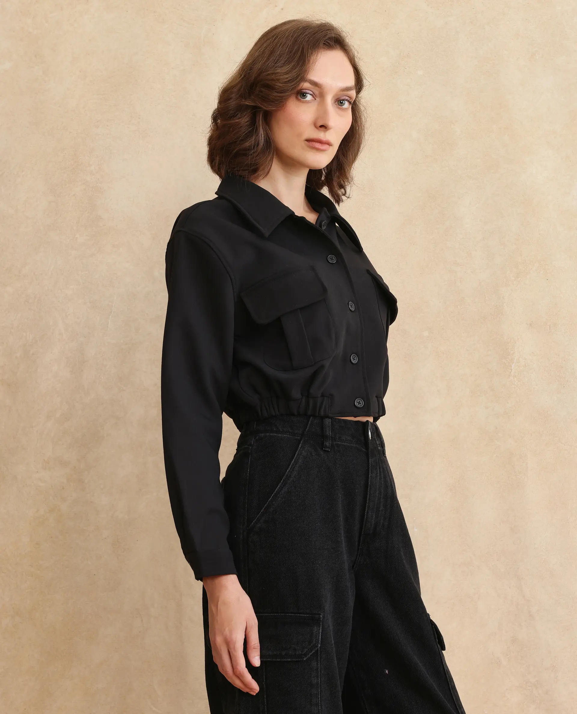 Rareism Women's Hobart Black Drop Collar Plain Cuffed Sleeve Crop Regular Fit Jacket - Image 6