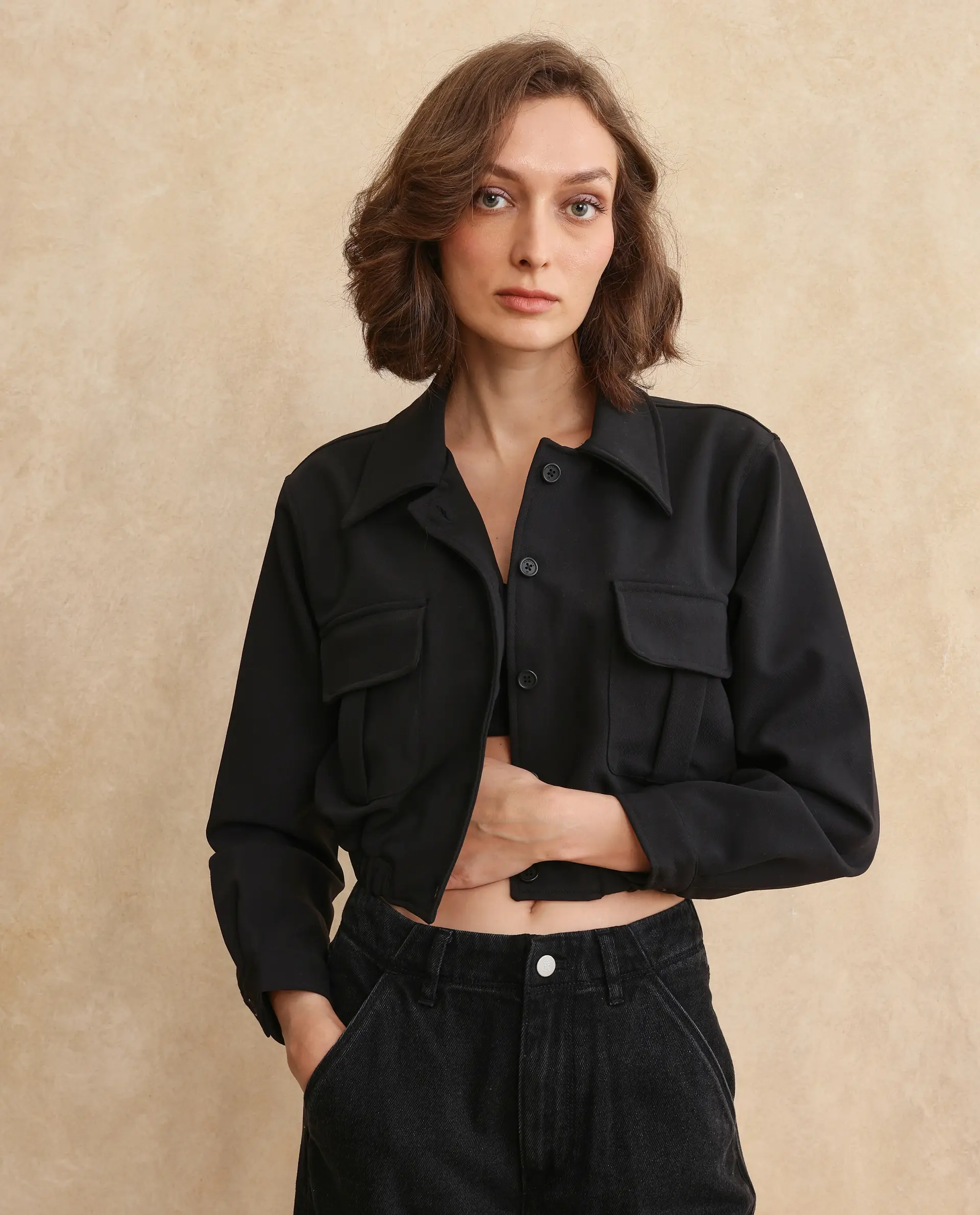Rareism Women's Hobart Black Drop Collar Plain Cuffed Sleeve Crop Regular Fit Jacket - Image 7