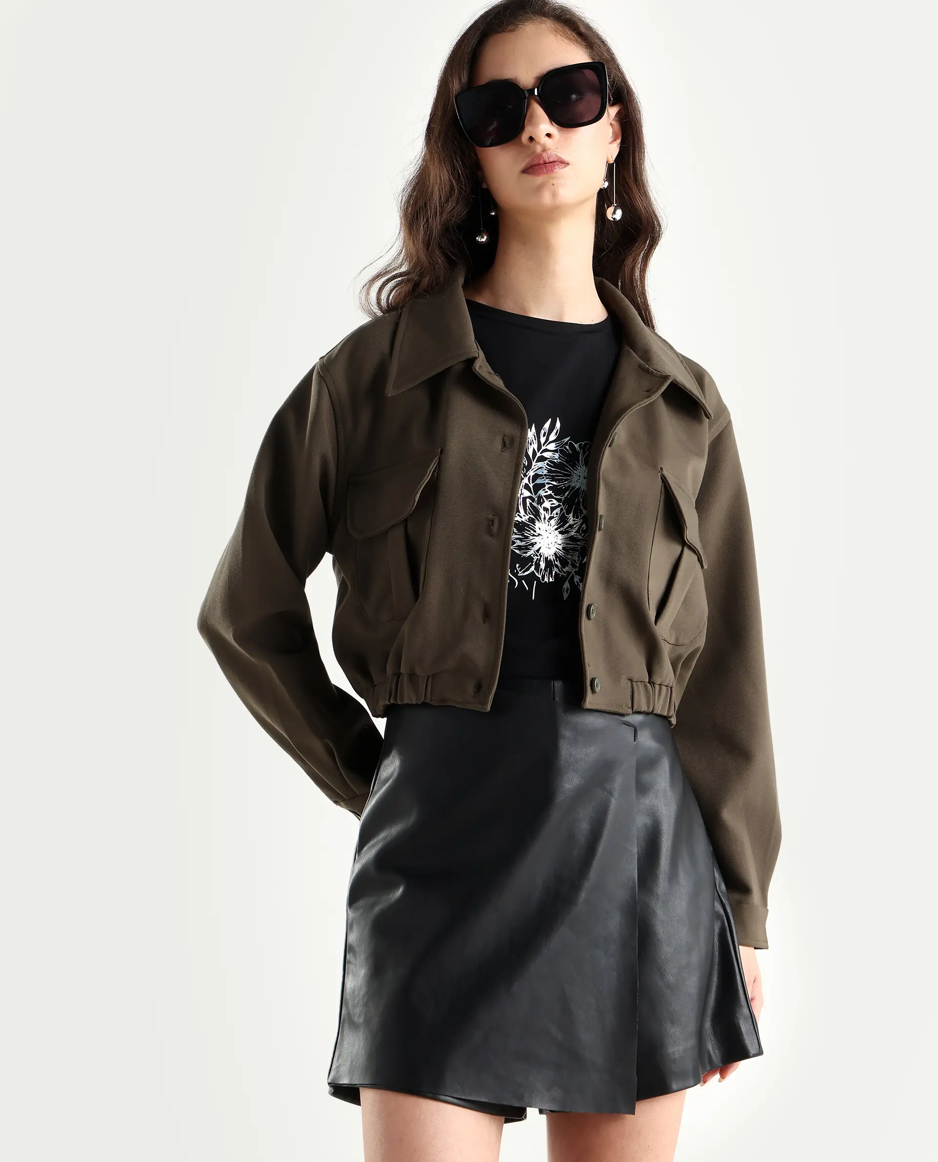 Rareism Women's Hobart Olive Spread Collar Plain Cuffed Sleeve Crop Regular Fit Jacket