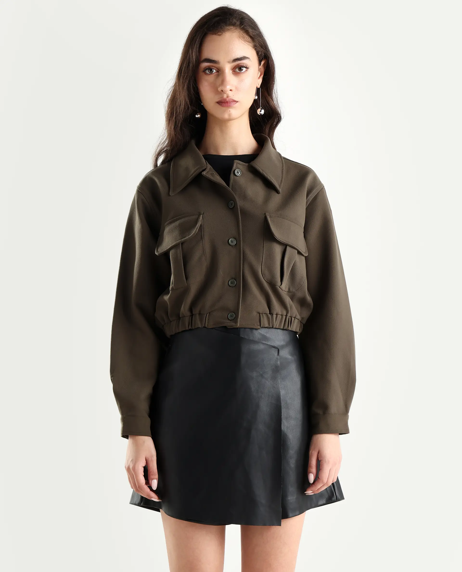 Rareism Women's Hobart Olive Spread Collar Plain Cuffed Sleeve Crop Regular Fit Jacket - Image 3