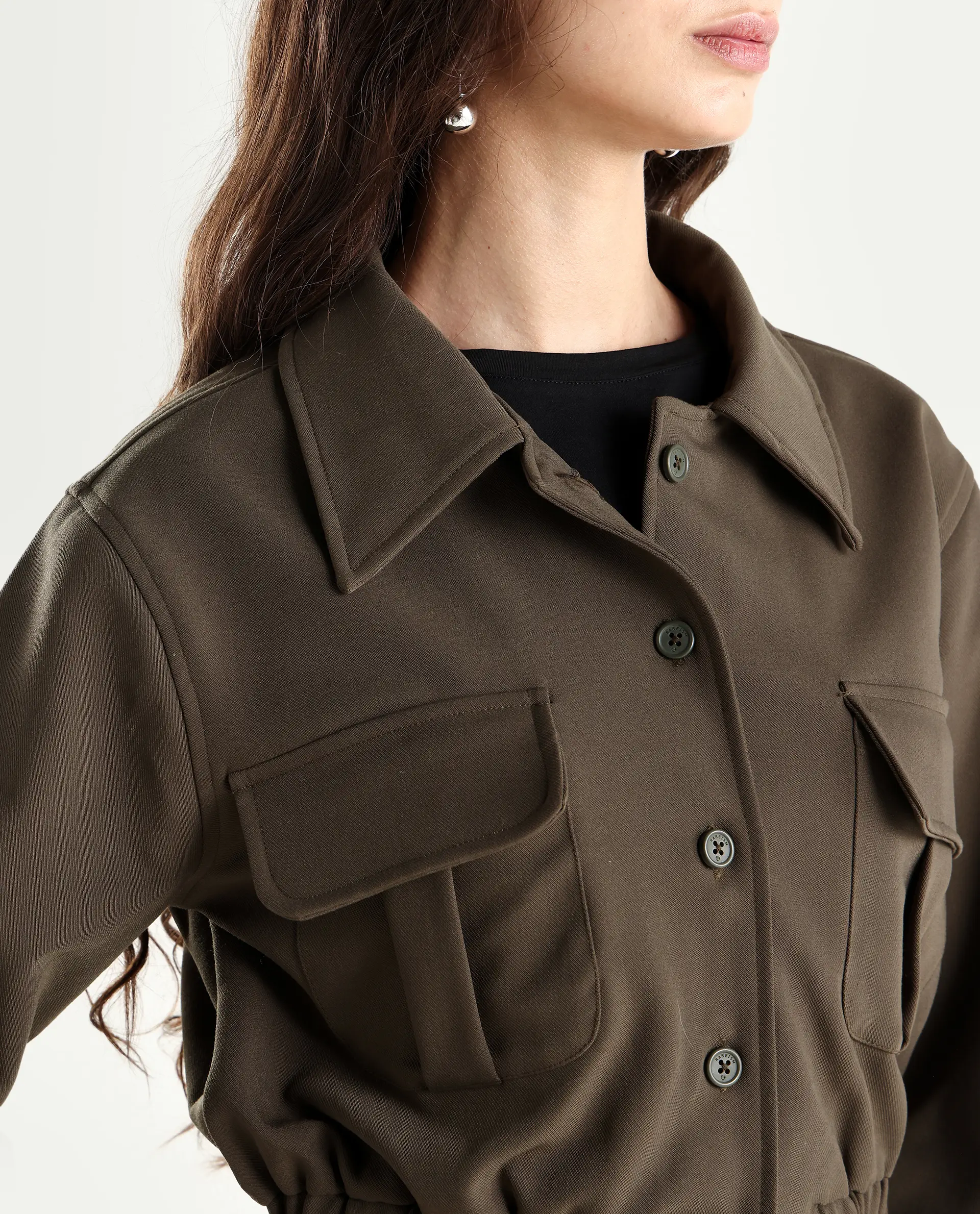 Rareism Women's Hobart Olive Spread Collar Plain Cuffed Sleeve Crop Regular Fit Jacket - Image 4