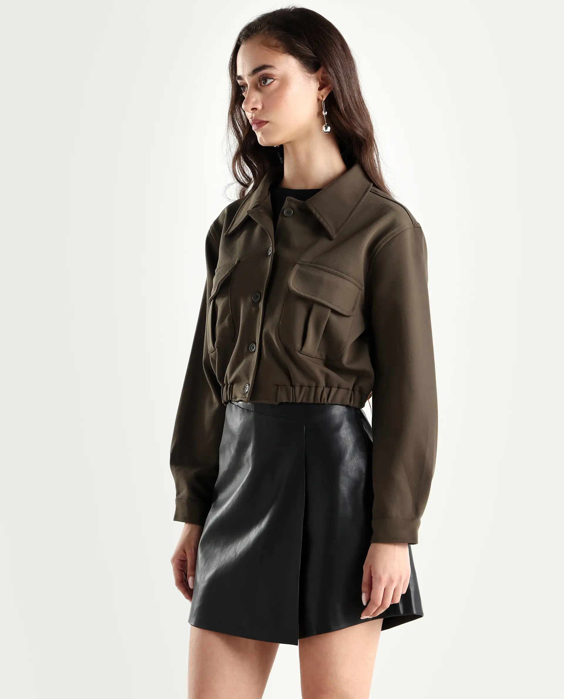 Rareism Women's Hobart Olive Spread Collar Plain Cuffed Sleeve Crop Regular Fit Jacket - Image 5