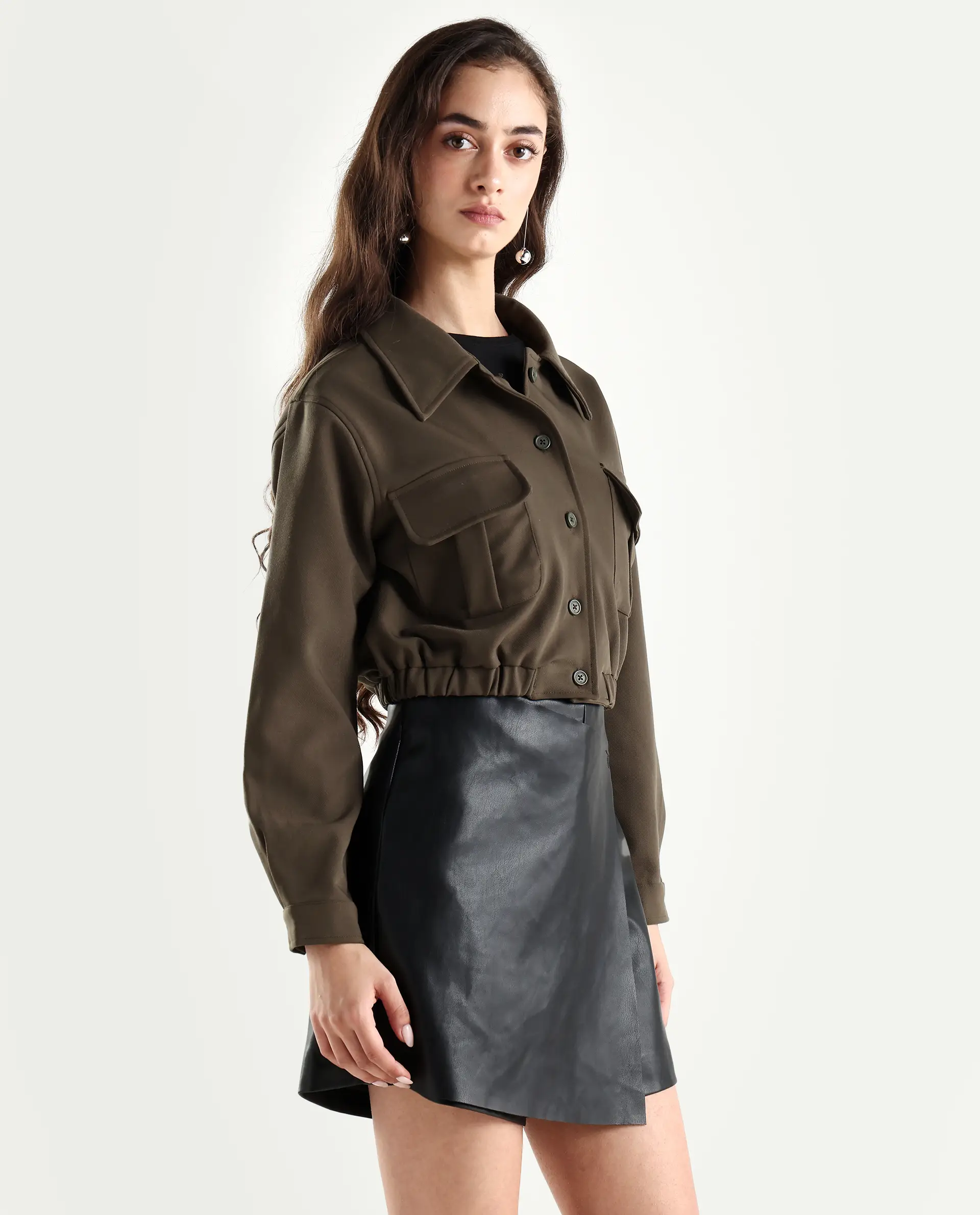 Rareism Women's Hobart Olive Spread Collar Plain Cuffed Sleeve Crop Regular Fit Jacket - Image 6