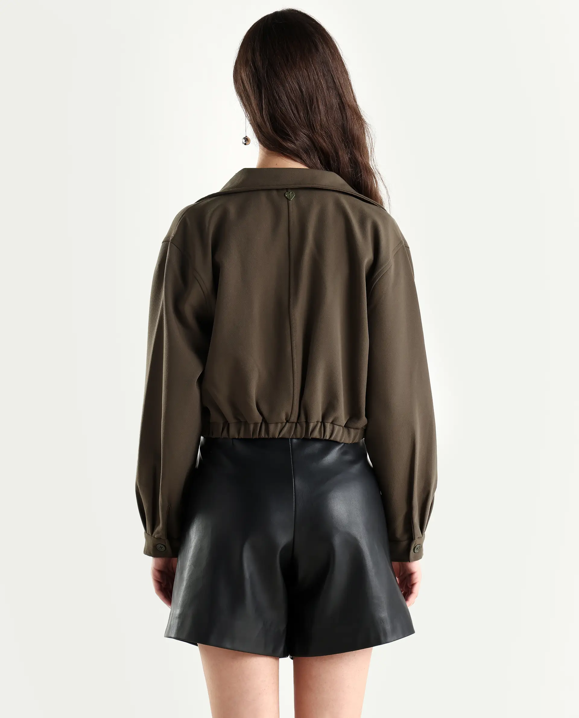 Rareism Women's Hobart Olive Spread Collar Plain Cuffed Sleeve Crop Regular Fit Jacket - Image 7