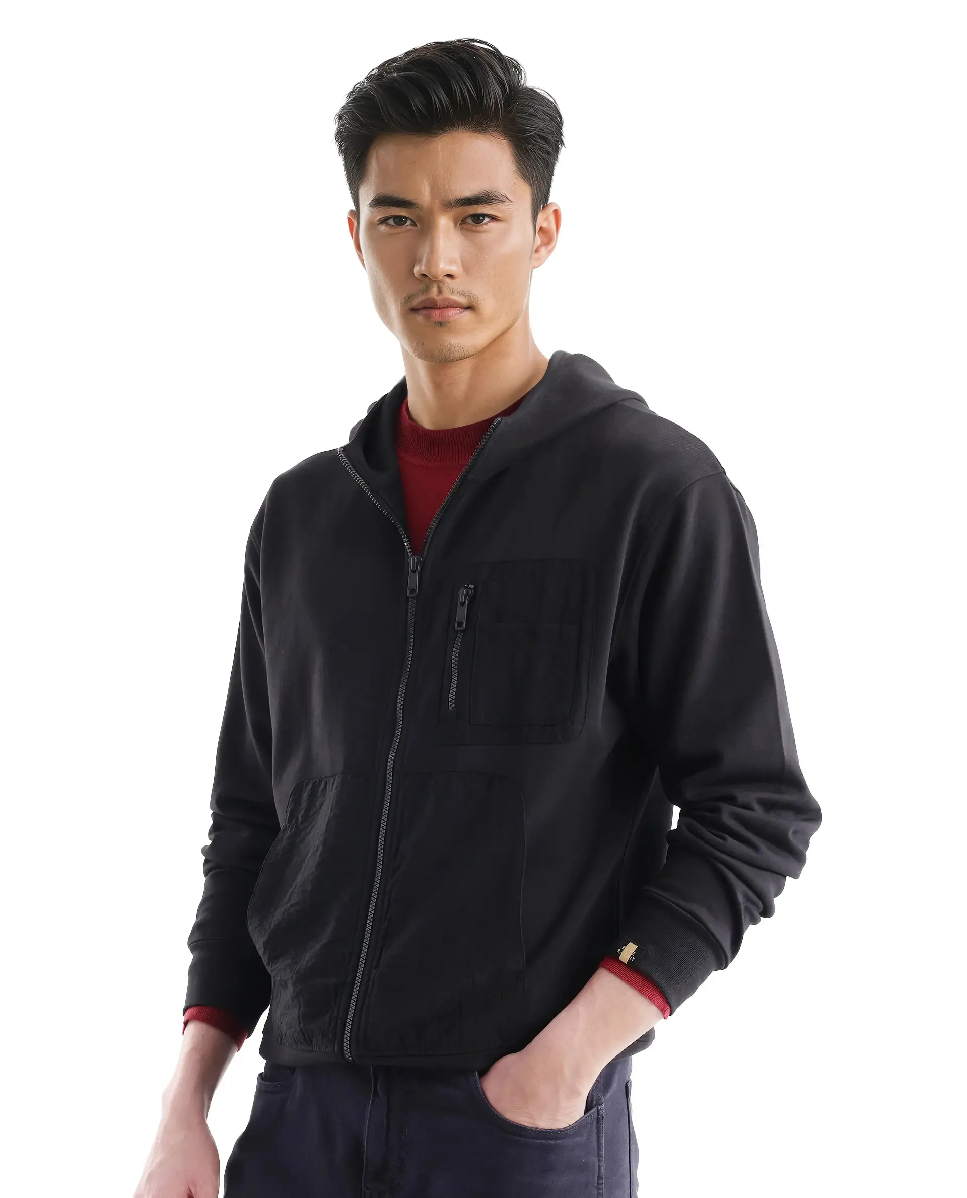 Rare Rabbit Men's Hobbs Black Cotton Blend Plain Regular Fit Full Sleeve Hooded Sweatshirt - Image 2