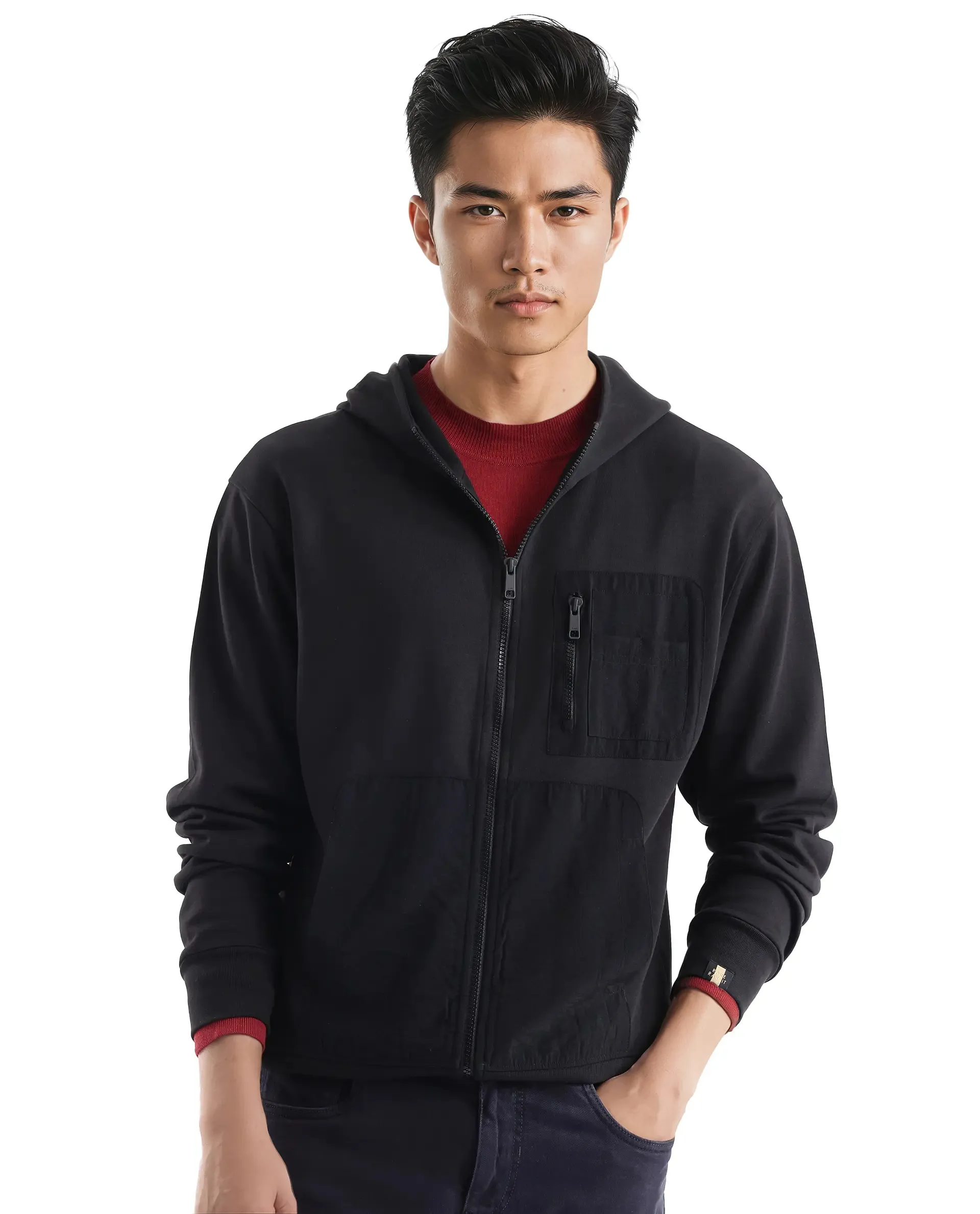 Rare Rabbit Men's Hobbs Black Cotton Blend Plain Regular Fit Full Sleeve Hooded Sweatshirt - Image 4