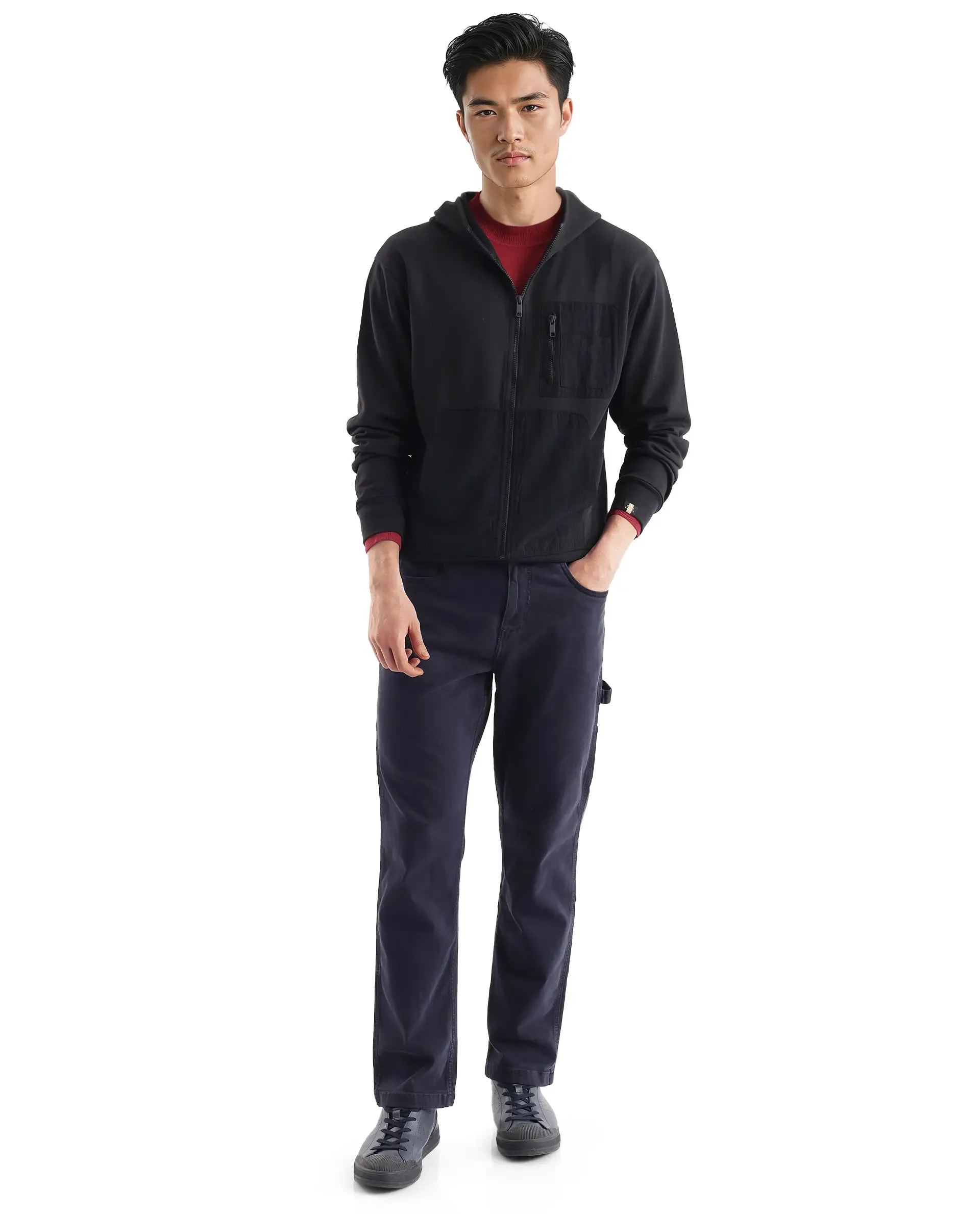 Rare Rabbit Men's Hobbs Black Cotton Blend Plain Regular Fit Full Sleeve Hooded Sweatshirt - Image 5