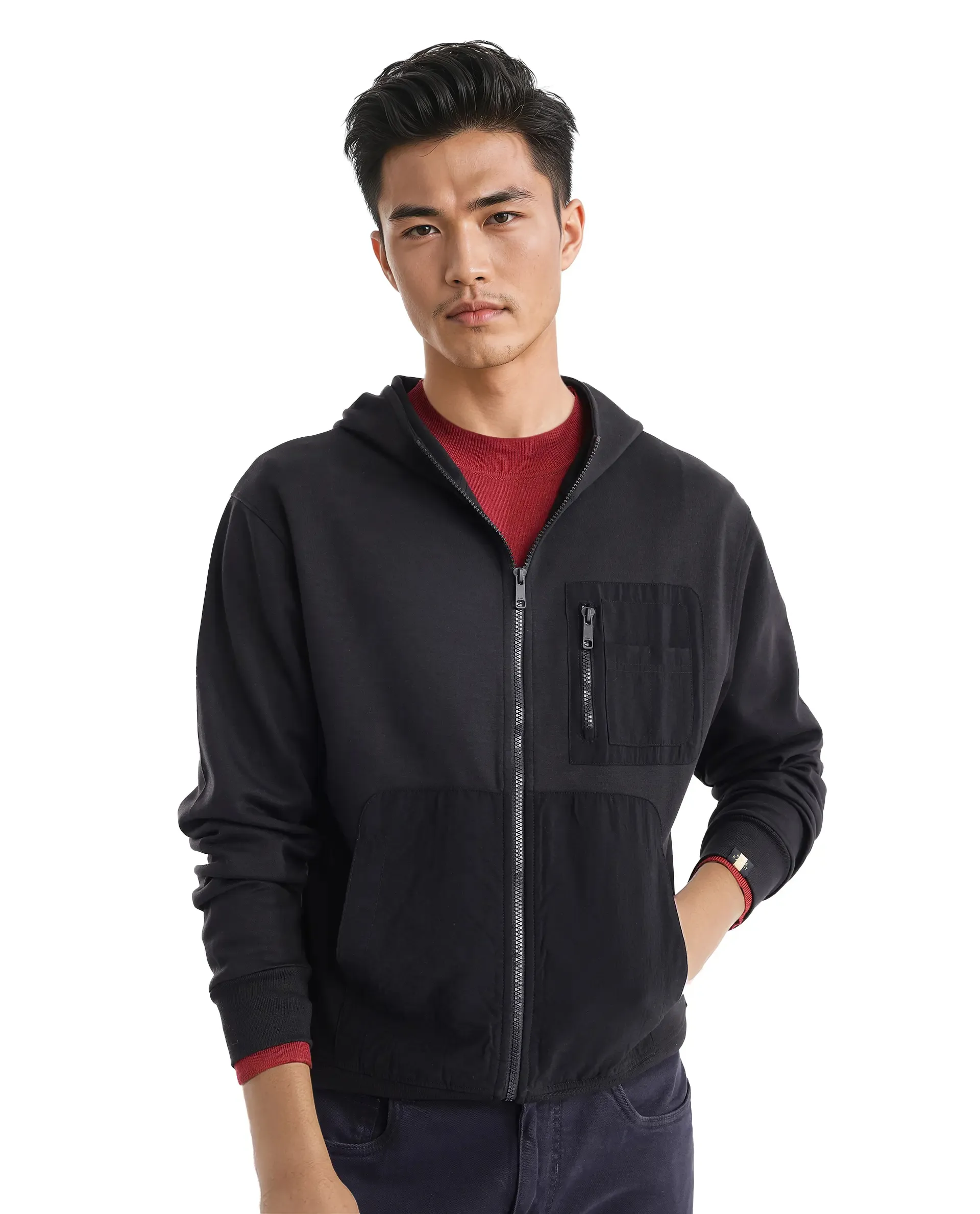 Rare Rabbit Men's Hobbs Black Cotton Blend Plain Regular Fit Full Sleeve Hooded Sweatshirt - Image 6