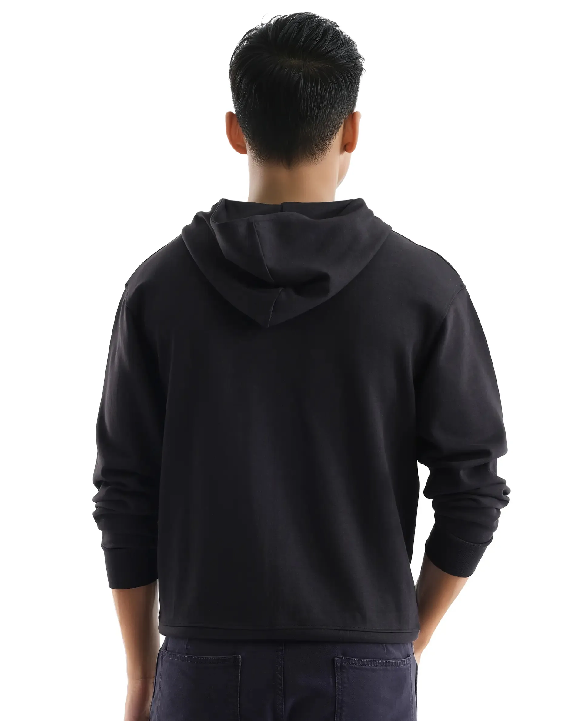 Rare Rabbit Men's Hobbs Black Cotton Blend Plain Regular Fit Full Sleeve Hooded Sweatshirt - Image 7