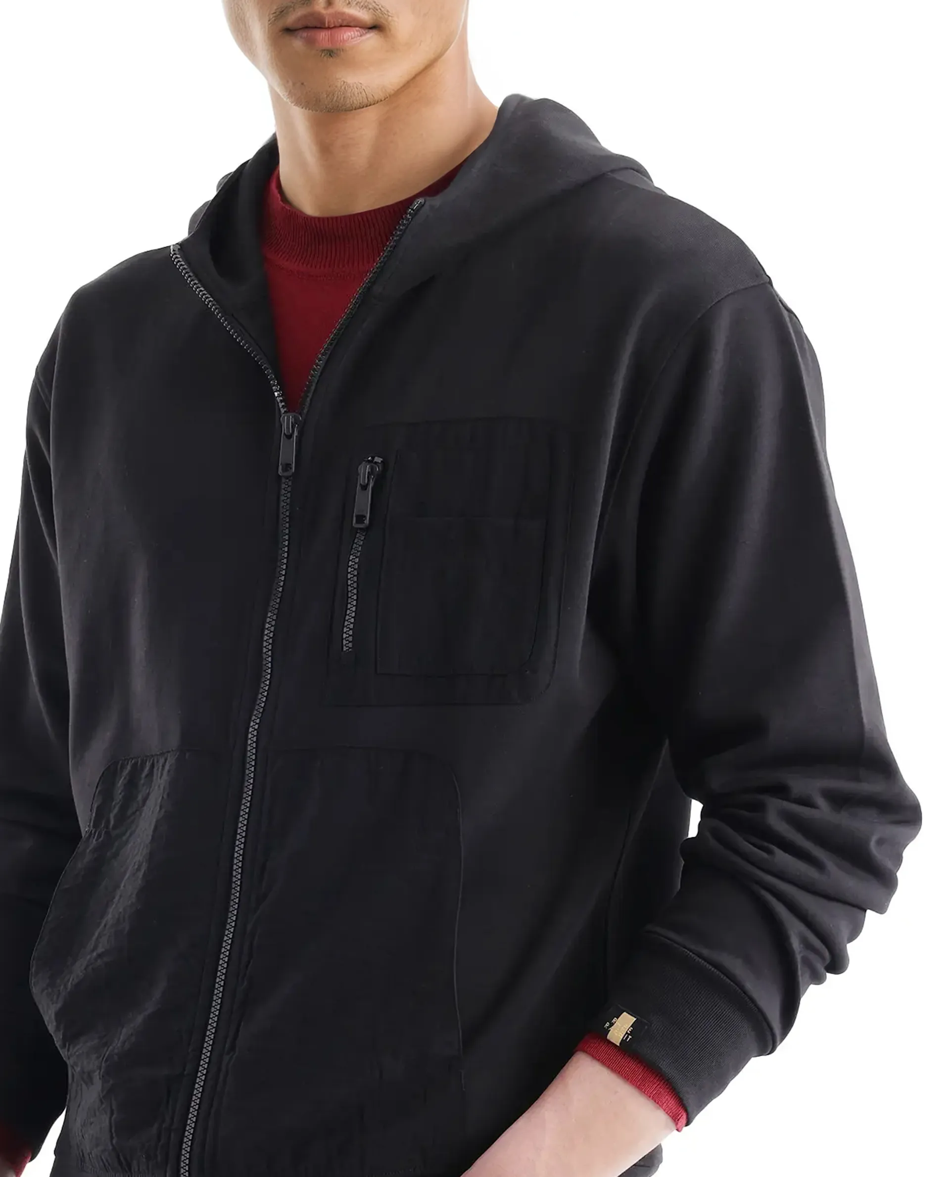 Rare Rabbit Men's Hobbs Black Cotton Blend Plain Regular Fit Full Sleeve Hooded Sweatshirt - Image 8