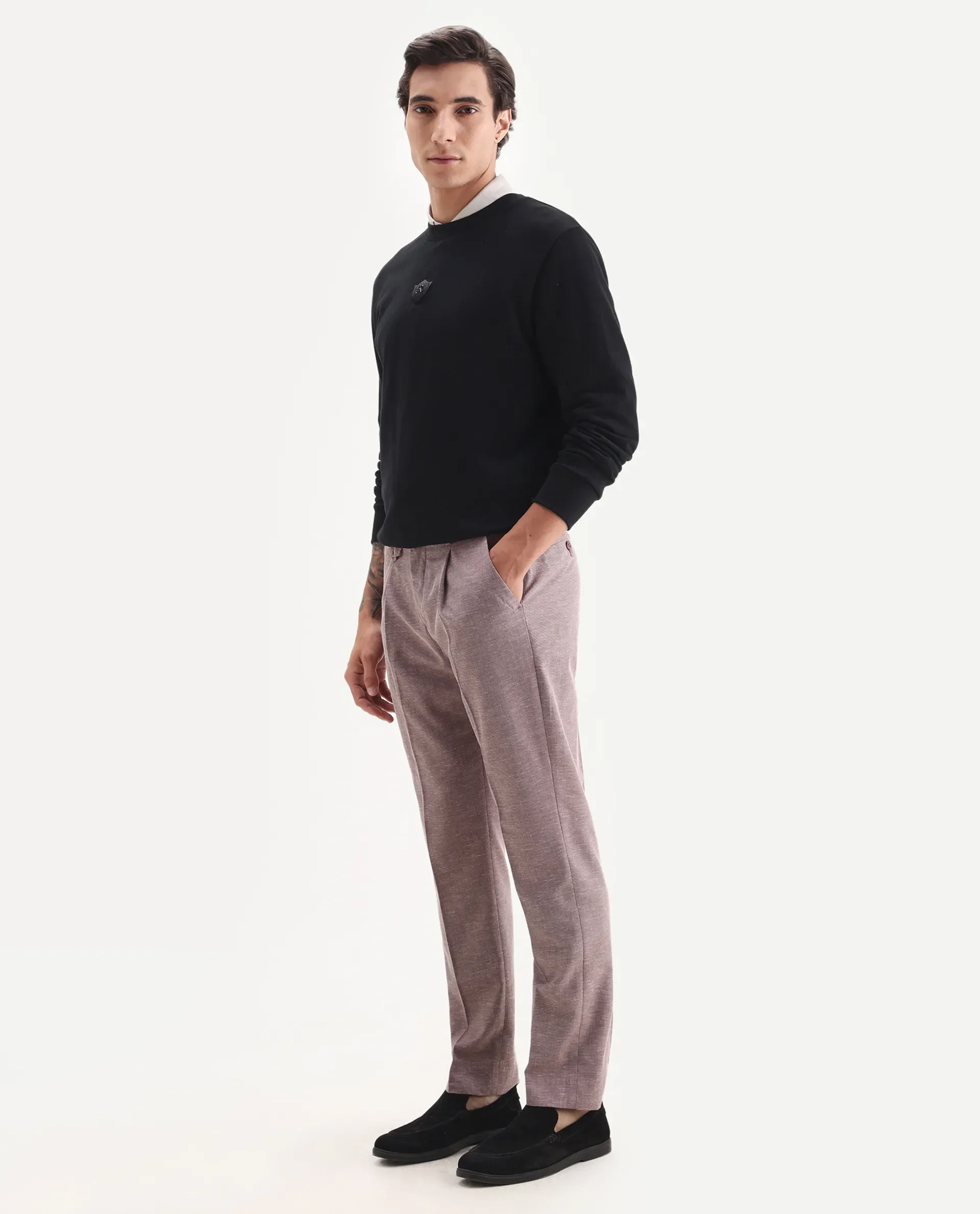 Rare Rabbit Men's Hobbs Dark Purple Cotton Checked Print Regular Fit Trouser - Image 6